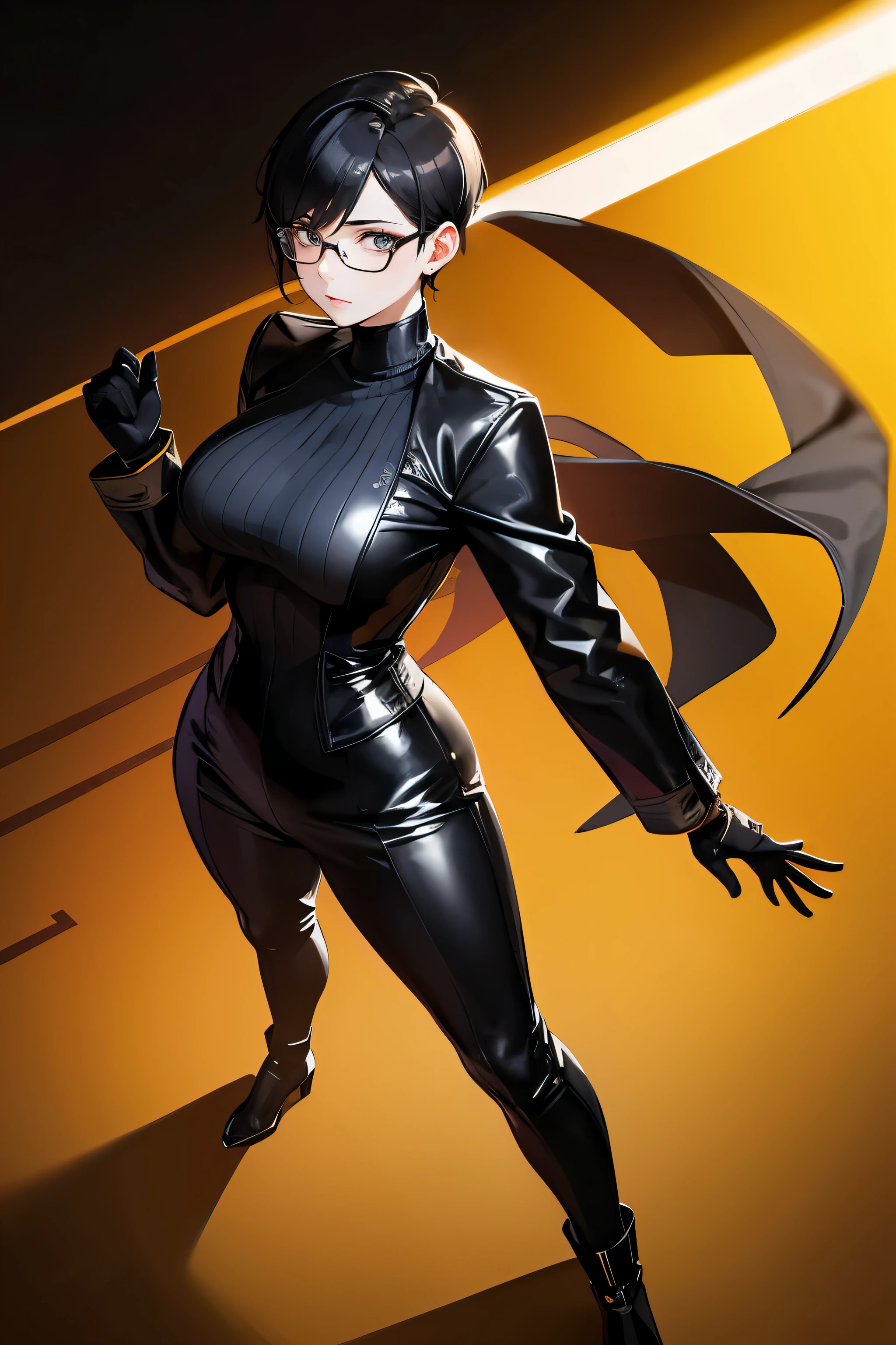 Wide angle shot, full body image, beautiful female fighter, wearing large glasses, black undercut hair, wearing large iron gloves, black and yellow Turtleneck outfit