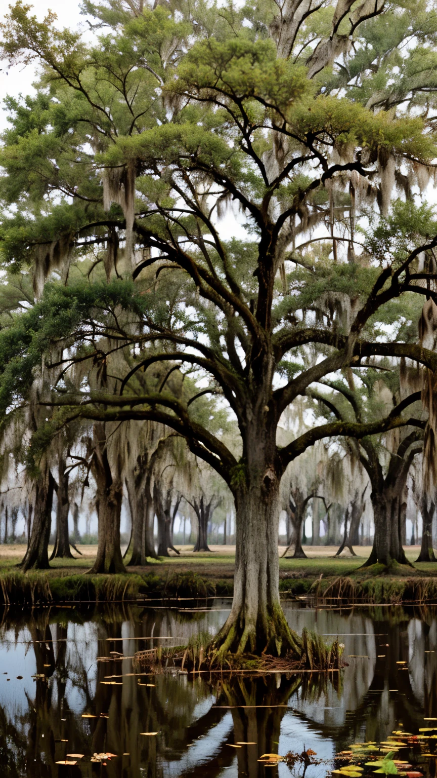 Dead tree in a swamp covered with Spanish moss.