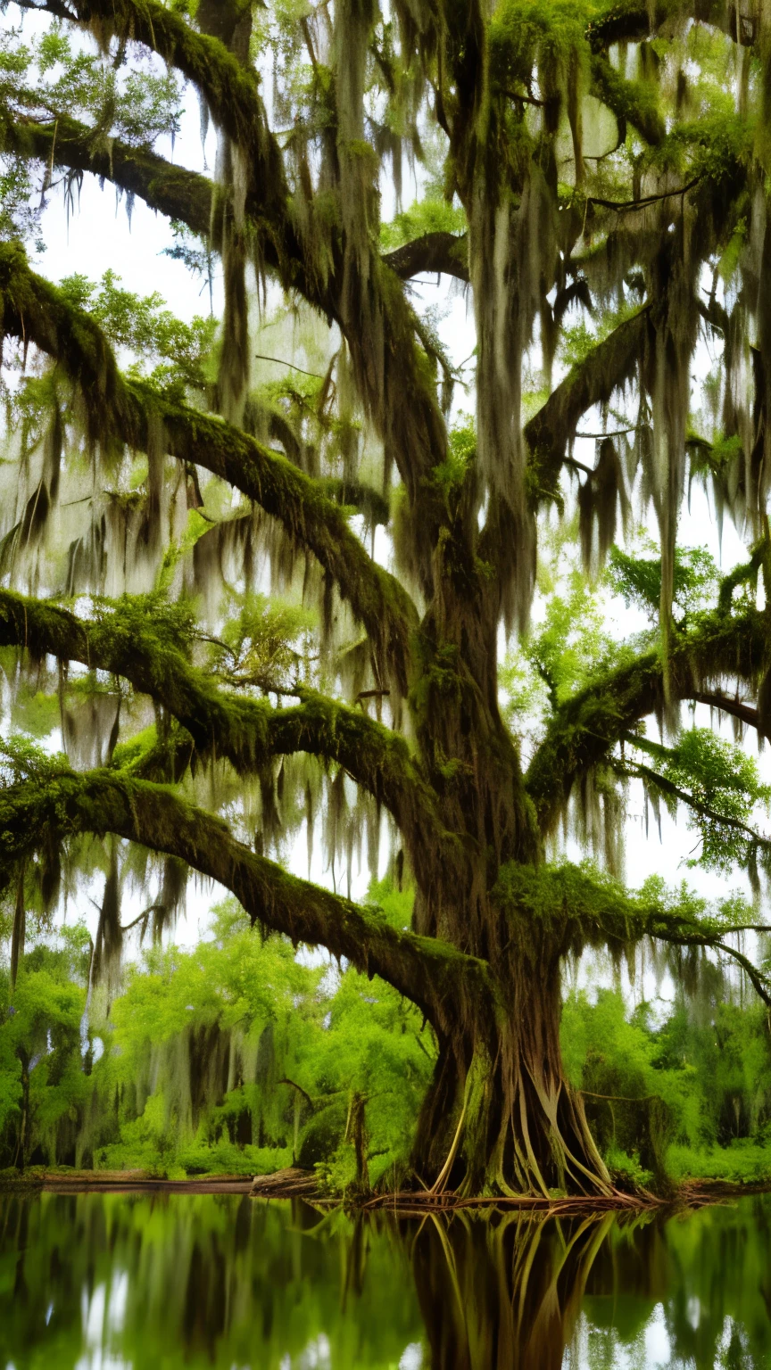 Dead tree in a swamp covered with Spanish moss.
