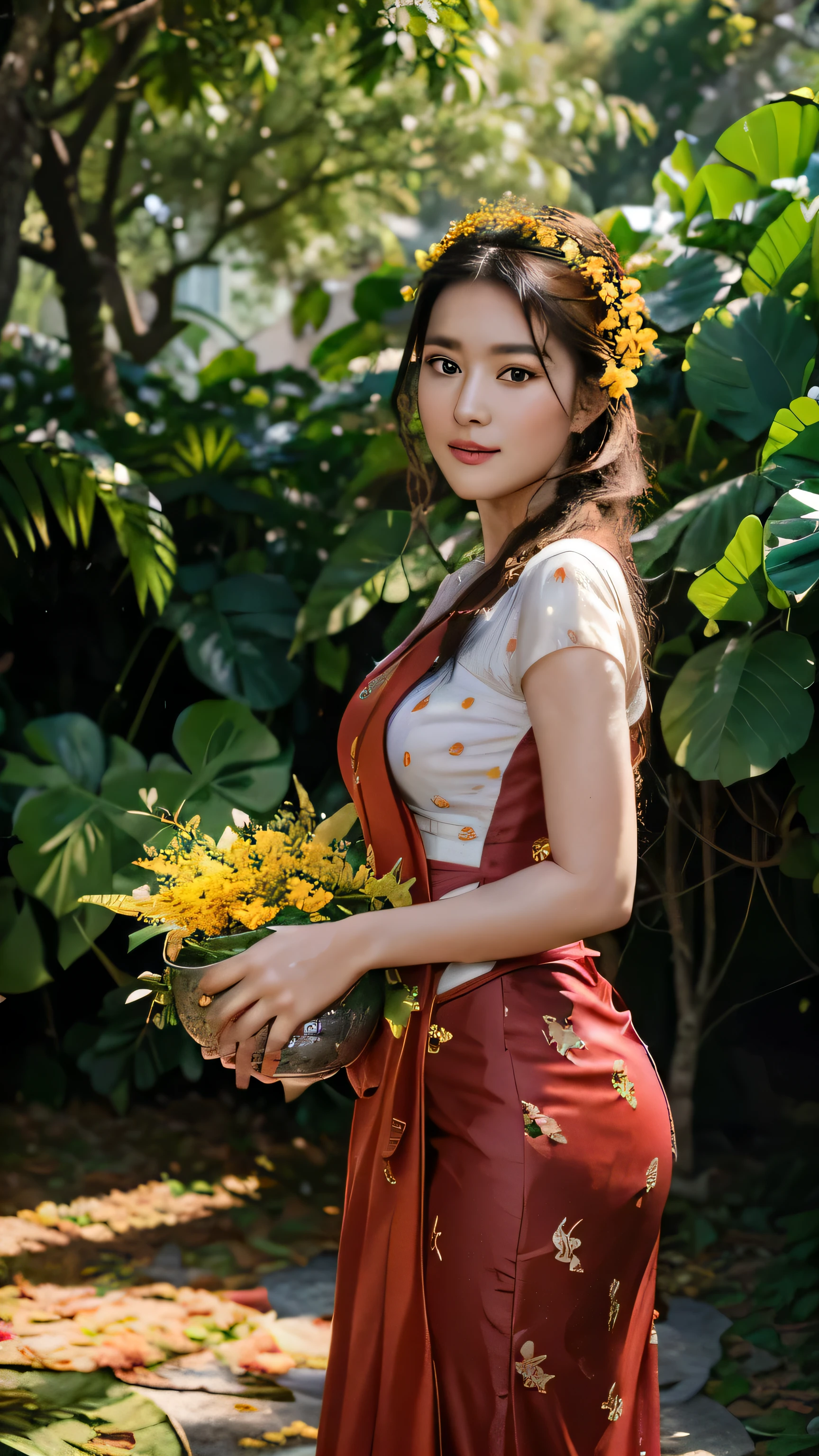 (best quality,4k,8k,highres,masterpiece:1.2),ultra-detailed,(realistic,photorealistic,photo-realistic:1.37),Burmese women,padauk flowers,vibrant,ethereal,portraits,golden lighting,traditional dress,women with long black hair,intense gaze,natural beauty,exquisite traditional makeup,fine details,Burmese culture and tradition,subtle smiles,flowing movements,graceful poses,serene atmosphere,lush green garden,rich red and gold color palette,ornate accessories,jewelry adorned with gems,delicate patterns,loose-flowing silk fabric,flower arrangements,padauk crowns and hair accessories,soft sunlight casting gentle shadows,dappled light filtering through leaves,natural elements blending harmoniously,celebration of femininity,timeless beauty portrayed in a modern context,meticulously handcrafted art piece,subtle texture and brush strokes,personal interpretation of Burmese beauty,attention to cultural authenticity,awe-inspiring artwork.(best quality,4k,8k,highres,masterpiece:1.2),ultra-detailed,(realistic,photorealistic,photo-realistic:1.37),1girl,detailed eyes, detailed lips, beautiful face, long eyelashes, red curly hair, flowing dress, serene smile, Abigail, standing, facing the sky, surrounded by a flock of butterflies, vibrant blue sky, fluffy clouds, seagulls flying gracefully, polka-dot pattern on the dress, sunny day with a gentle breeze, Abigail's cheeks with a natural blush, a bug crawling on a nearby tree branch, an idyllic outdoor scene.acthingyan soaked_wet_outfit, soaked wet outfit, outfit stick on skin, yellow acthingyan soaked wet top, short sleeves, BREAK, red acthingyan soaked wet long skirt, BREAK, wearing heels. 
 pterocarpus_macrocarpus flowers on head, holding a silver bowls, shiny metallic tinsel garland on neckac pterocarpus_macrocarpus_tree_blossom, pterocarpus macrocarpus flowers blossom, pterocarpus macrocarpus trees, spring weather, standing under pterocarpus macrocarpus trees.
ac burmese_water_festival, bunch of people, happy, women poring water eac