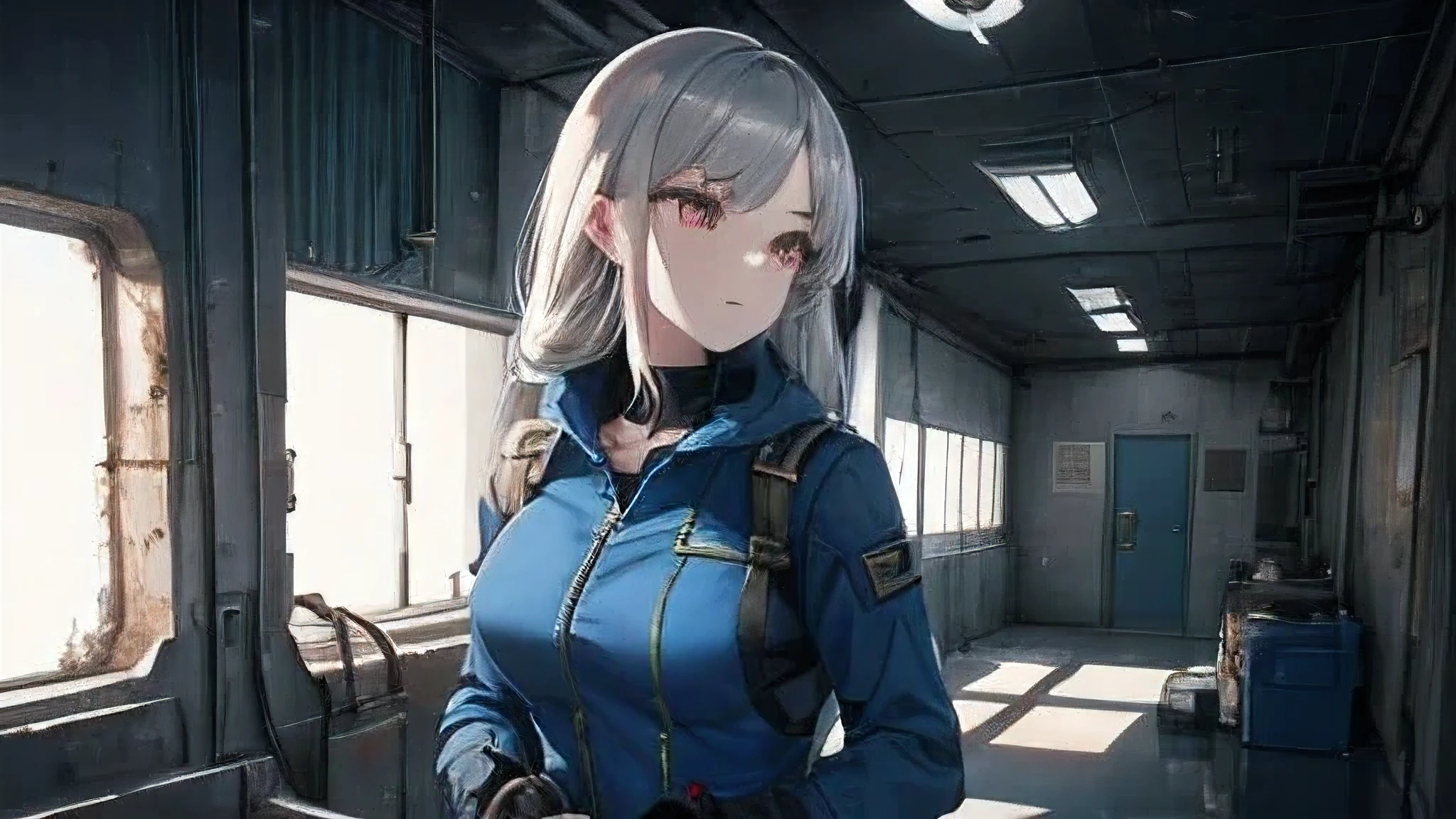 high quality, 4k, best detailed, heavy shadow and light, 1girl, wearing blue vault dweller suit, fallout, sexy jumpsuit, fallout jumpsuit, she has long grey hair and dark red eyes and pale sexy body, pale skin face, she's fixing mechanic