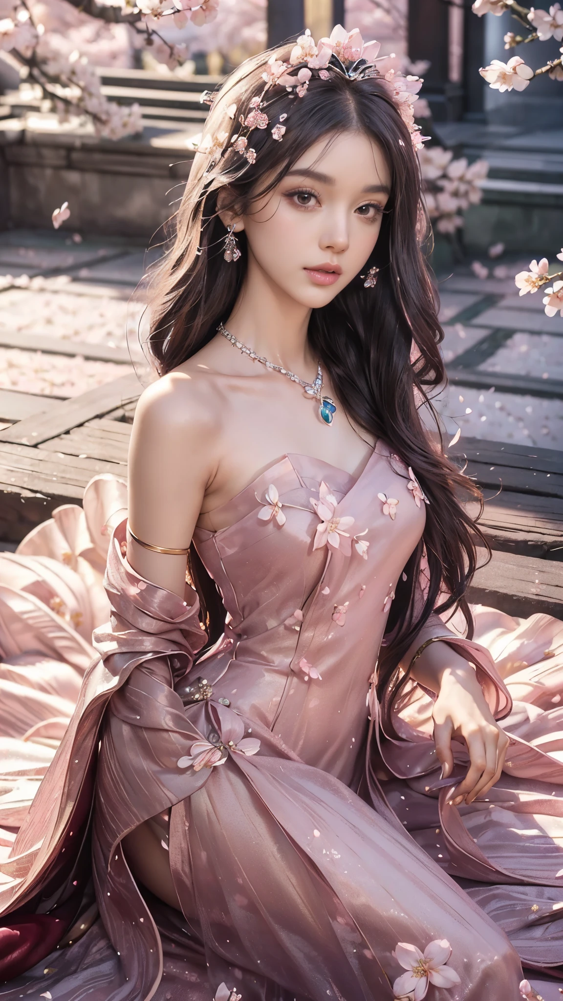 4K, Ultra HD, Masterpiece, 1 girl, (good face:1.4), detailed eyes, very long hair, (princess dress:1.5), black dress, (wearing jwellery:1.8), (cherry blossom:1.5), (bloom effect:1.5), Detailed Fantasy Art, Stunning Character Art, beautiful Exquisite Character Art, Beautiful, Extremely Detailed, Exquisite Intricate Headdress and Jewellery, perfect body,