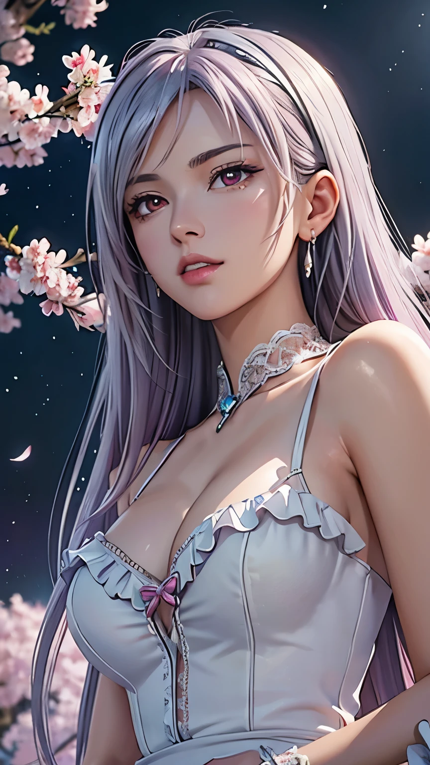 Red Eyes, (best quality, masterpiece painting:1.3), immature woman, , (half body shot), masterpiece, Ultra-high resolution, (Photorealism:1.0), Lilac hair,Straight Hair, beautiful shiny hair, White and shiny skin, ((Ultra-realistic details)), Octane Rendering, The face is rich in detail, (Large Breasts:0.8), (makes a heart with your hands),((Stunningly beautiful princess dress,Luxurious details, Ultra-precision embroidery, Transparent lace, Bow ribbon, see through ruffles, silver wire, diamond)), White cherry blossom embroidery pattern, silver earrings,(Milky Way), Hair fluttering under the influence of wind, Japanese Garden,There are beautiful cherry blossoms at night, Mysterious night sky, Beautiful scenery, Sharp focus, Intricate details, Professional artwork, (Vibrant colors:1.1), Vibrant colors, radial lighting, Digital Mixing, Ultra-clear body, Ultra-fine hair, Super detailed face, That'it'Popular topics on pixiv, Top button open, cute eyes, compensate, Perfect lips, perfect compensate, Ultra-precision coating, (glare:1.2), (Shoot from below:1.2)