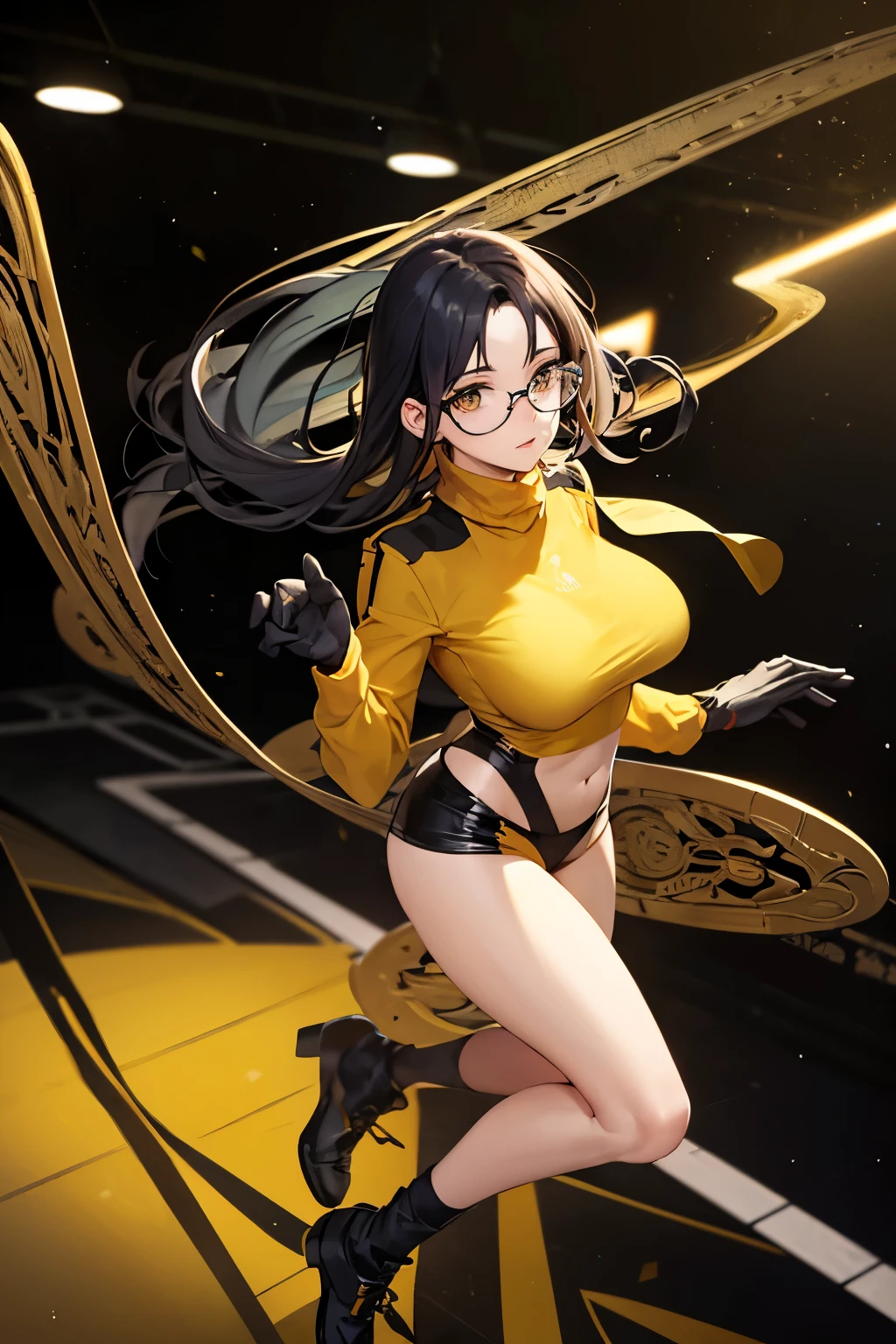 Wide angle shot, full body image, beautiful female fighter, wearing large glasses, black undercut hair, wearing large iron gloves, black and yellow Turtleneck outfit