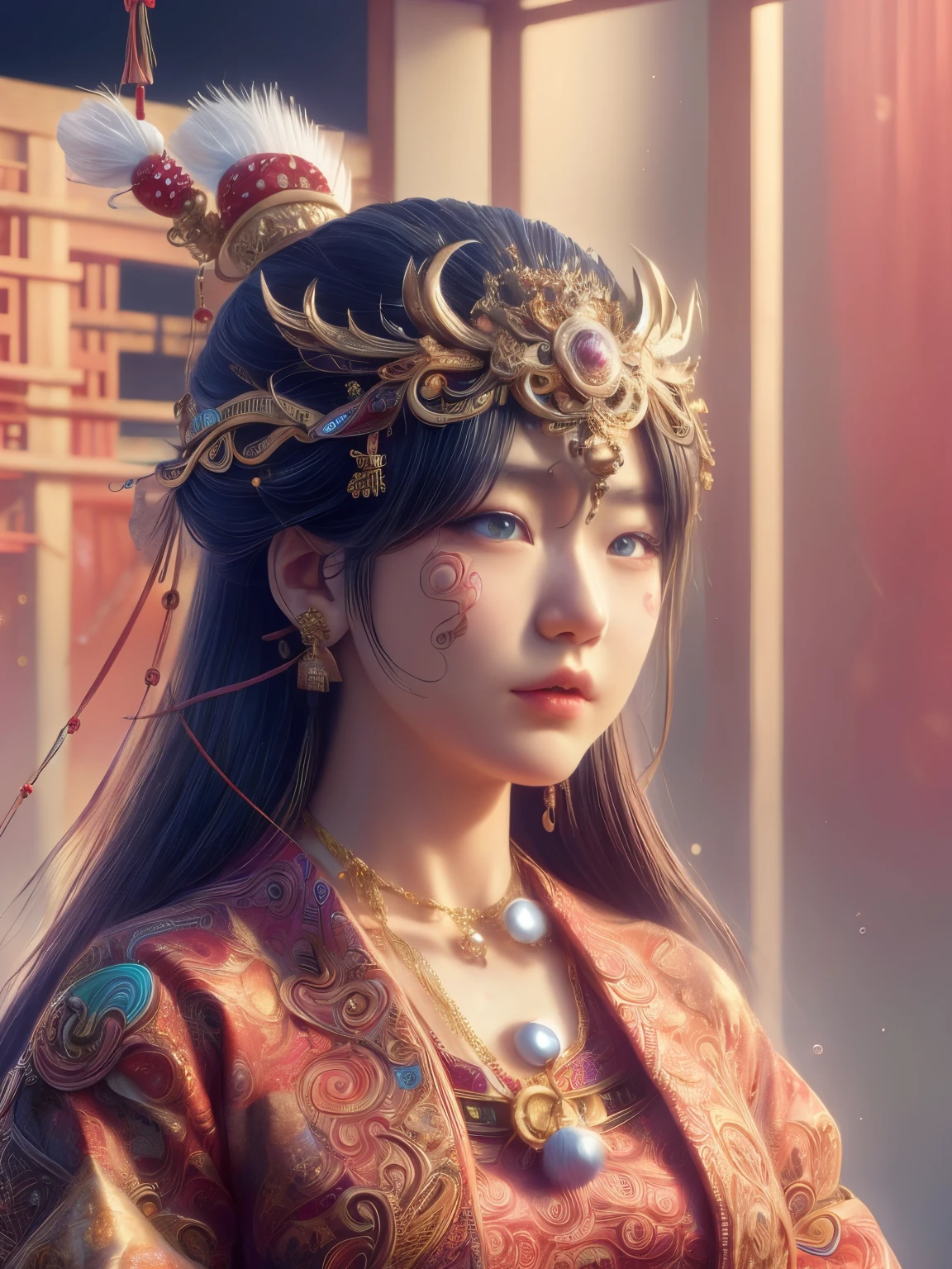 Hyper-realistic portrait of a Japanese girl portraying a Jinn, intricate and detailed outfit with magical themes, close-up, shallow depth of field, dramatic lighting, high resolution, accurate representation, unique, creative, well-lit, clear details, Canon EOS R5, 85mm lens, f/1.2, powerful, elegant, sophisticated, well-composed, unique pose, warm color tones