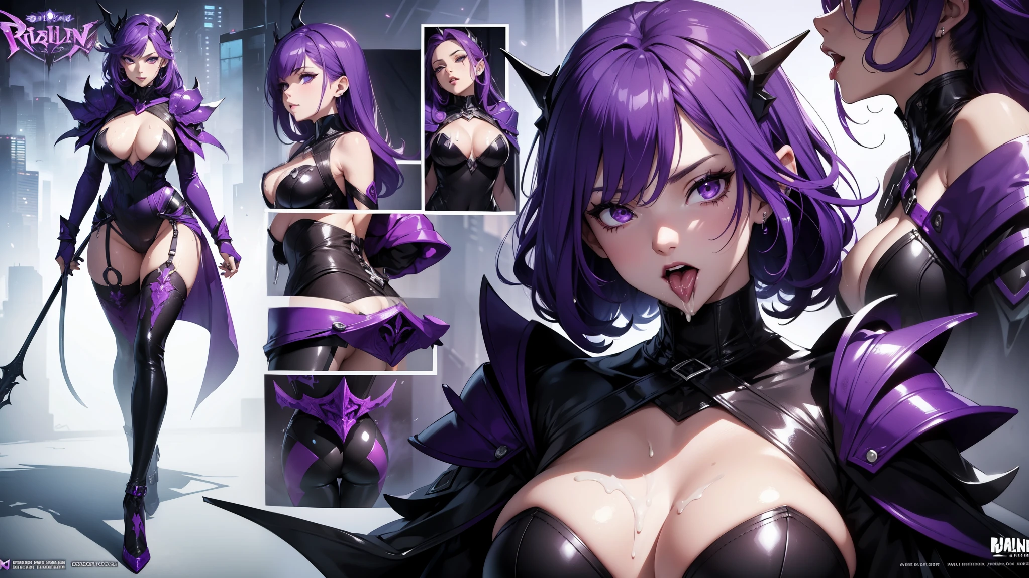 Woman, villain, purple details, various angles, dripping cum from mouth, white gel, tongue, cum, wet, (front, back, side), character sheet, model sheet, reference sheet.
