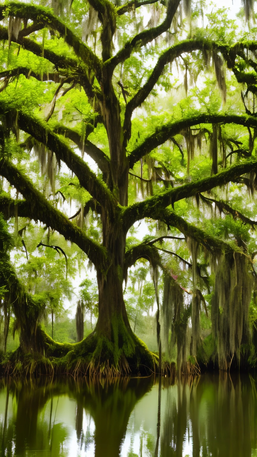 Dead tree in a swamp covered with Spanish moss.