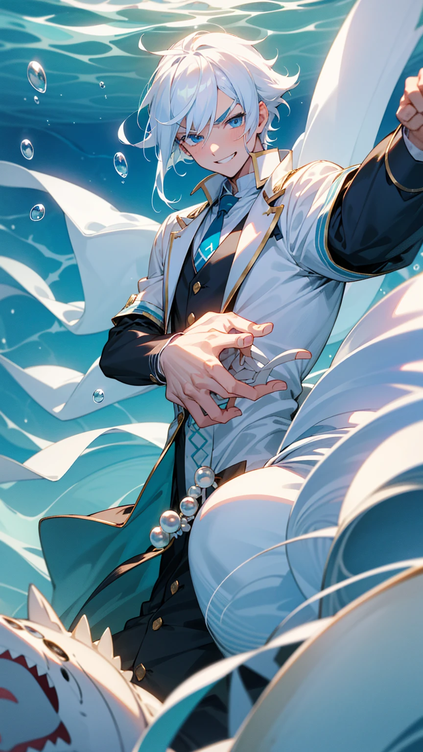 Anime good boy with charming demeanor,
Blue eyes bright, neatly arranged eyebrows,
White hair and skin as pure as sweet white milk,
Neat teeth shining, charming smile, he looks at me,
Wearing seaside royal clothes, exuding handsomeness and uniqueness,
Surrounded by gentle and adorable blue sharks,
Sea bubbles popping like pearls nearby,
He holds a massive sea weapon with a determined look,
Characterized by his charming disposition,
His neat appearance and sparkling blue eyes,
The serene sea environment adding to his allure,
A scene of beauty and tranquility, a masterpiece.