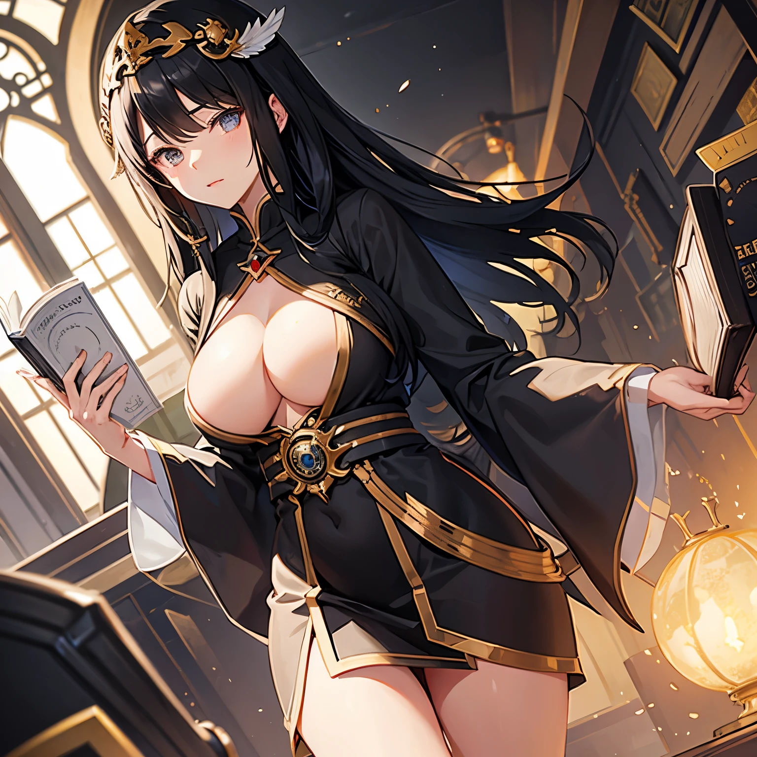 Busty black haired priestess standing holding a book