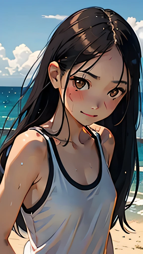 highest quality、Realistic、Japanese、Women、cute、Orange eyes、long hair、Black Hair、all back、Forehead is coming out、Strong winds、Ocean、Midsummer、Strong sunlight、Sweat、Sunburned skin、orange tank top、joy、Grinning、face close up、Small breasts、slender