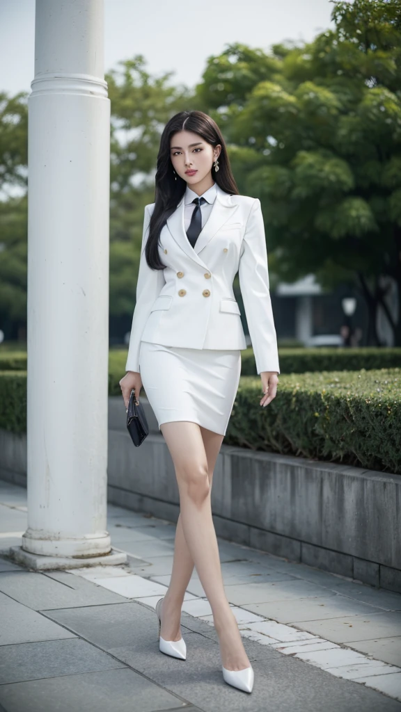 woman, (สาวสวยTwo meter long hair, very long hair, Extra long hair, long black hair), (Italian style suit, white, Two button suit), (Italian Suit, white suit, two-button suti), Two suit buttons, (ใส่สูทwoman, Business woman's suit, white), (ชุดสูทwomanwhite), (เสื้อเชิ้ตwhite), necktie, (necktieสั้นสีดำ, necktieสีดำ, The Skinny Necktie, Knit tie), (Military rank insignia), (short pencil skirtwhite), (dynamic post), full body, (A gigantic rift), (Huge breasts, thin body, small waist, hips raised, small thighs, Long legs), black high heels, (short pencil skirt, white), Wearing a suit for a business woman, (Wearing a white business suit, สูทนักธุรกิจหญิงwhite), (tight, military regalia, เสื้อwhite, กระโปรงwhite), (black shoes), (Two-button gold-colored suit buttons, Two meter long hair, Form-fitting suit, เสื้อสูทwhiteทรงธรรมดารัดรูป), (black high heels, Black pointed toe high heels), (stand, walk, Graceful posture, dynamic post), short suit, earring, garden, Democracy Monument, louis vuitton Twist West,