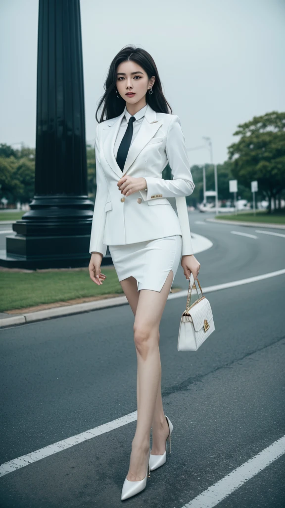 woman, (สาวสวยTwo meter long hair, very long hair, Extra long hair, long black hair), (Italian style suit, white, Two button suit), (Italian Suit, white suit, two-button suti), Two suit buttons, (ใส่สูทwoman, Business woman&#39;s suit, white), (ชุดสูทwomanwhite), (เสื้อเชิ้ตwhite), necktie, (necktieสั้นสีดำ, necktieสีดำ, The Skinny Necktie, Knit tie), (Military rank insignia), (short pencil skirtwhite), (dynamic post), full body, (A gigantic rift), (Huge breasts, thin body, small waist, hips raised, small thighs, Long legs), black high heels, (short pencil skirt, white), Wearing a suit for a business woman, (Wearing a white business suit, สูทนักธุรกิจหญิงwhite), (tight, military regalia, เสื้อwhite, กระโปรงwhite), (black shoes), (Two-button gold-colored suit buttons, Two meter long hair, Form-fitting suit, เสื้อสูทwhiteทรงธรรมดารัดรูป), (black high heels, Black pointed toe high heels), (stand, walk, Graceful posture, dynamic post), short suit, earring, garden, Democracy Monument, louis vuitton Twist West,