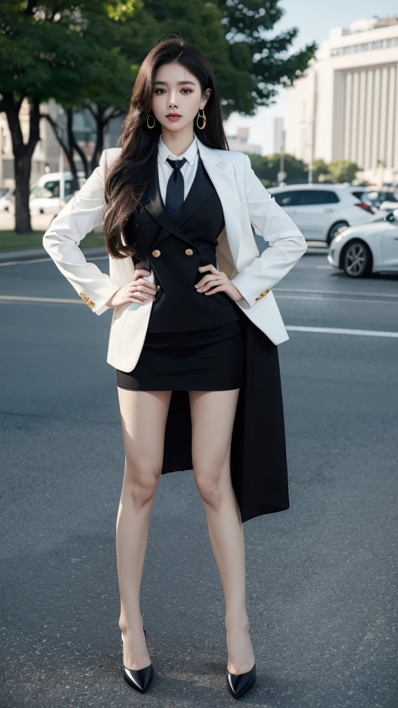 woman, (สาวสวยTwo meter long hair, very long hair, Extra long hair, long black hair), (Italian style suit, white, Two button suit), (Italian Suit, white suit, two-button suti), Two suit buttons, (ใส่สูทwoman, Business woman&#39;s suit, white), (ชุดสูทwomanwhite), (เสื้อเชิ้ตwhite), necktie, (necktieสั้นสีดำ, necktieสีดำ, The Skinny Necktie, Knit tie), (Military rank insignia), (short pencil skirtwhite), (dynamic post), full body, (A gigantic rift), (Huge breasts, thin body, small waist, hips raised, small thighs, Long legs), black high heels, (short pencil skirt, white), Wearing a suit for a business woman, (Wearing a white business suit, สูทนักธุรกิจหญิงwhite), (tight, military regalia, เสื้อwhite, กระโปรงwhite), (black shoes), (Two-button gold-colored suit buttons, Two meter long hair, Form-fitting suit, เสื้อสูทwhiteทรงธรรมดารัดรูป), (black high heels, Black pointed toe high heels), (stand, walk, Graceful posture, dynamic post), short suit, earring, garden, Democracy Monument, louis vuitton Twist West,