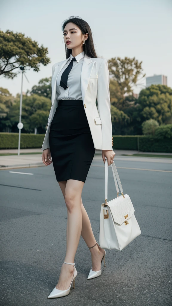 woman, (สาวสวยTwo meter long hair, very long hair, Extra long hair, long black hair), (Italian style suit, white, Two button suit), (Italian Suit, white suit, two-button suti), Two suit buttons, (ใส่สูทwoman, Business woman's suit, white), (ชุดสูทwomanwhite), (เสื้อเชิ้ตwhite), necktie, (necktieสั้นสีดำ, necktieสีดำ, The Skinny Necktie, Knit tie), (Military rank insignia), (short pencil skirtwhite), (dynamic post), full body, (A gigantic rift), (Huge breasts, thin body, small waist, hips raised, small thighs, Long legs), black high heels, (short pencil skirt, white), Wearing a suit for a business woman, (Wearing a white business suit, สูทนักธุรกิจหญิงwhite), (tight, military regalia, เสื้อwhite, กระโปรงwhite), (black shoes), (Two-button gold-colored suit buttons, Two meter long hair, Form-fitting suit, เสื้อสูทwhiteทรงธรรมดารัดรูป), (black high heels, Black pointed toe high heels), (stand, walk, Graceful posture, dynamic post), short suit, earring, garden, Democracy Monument, louis vuitton Twist West,