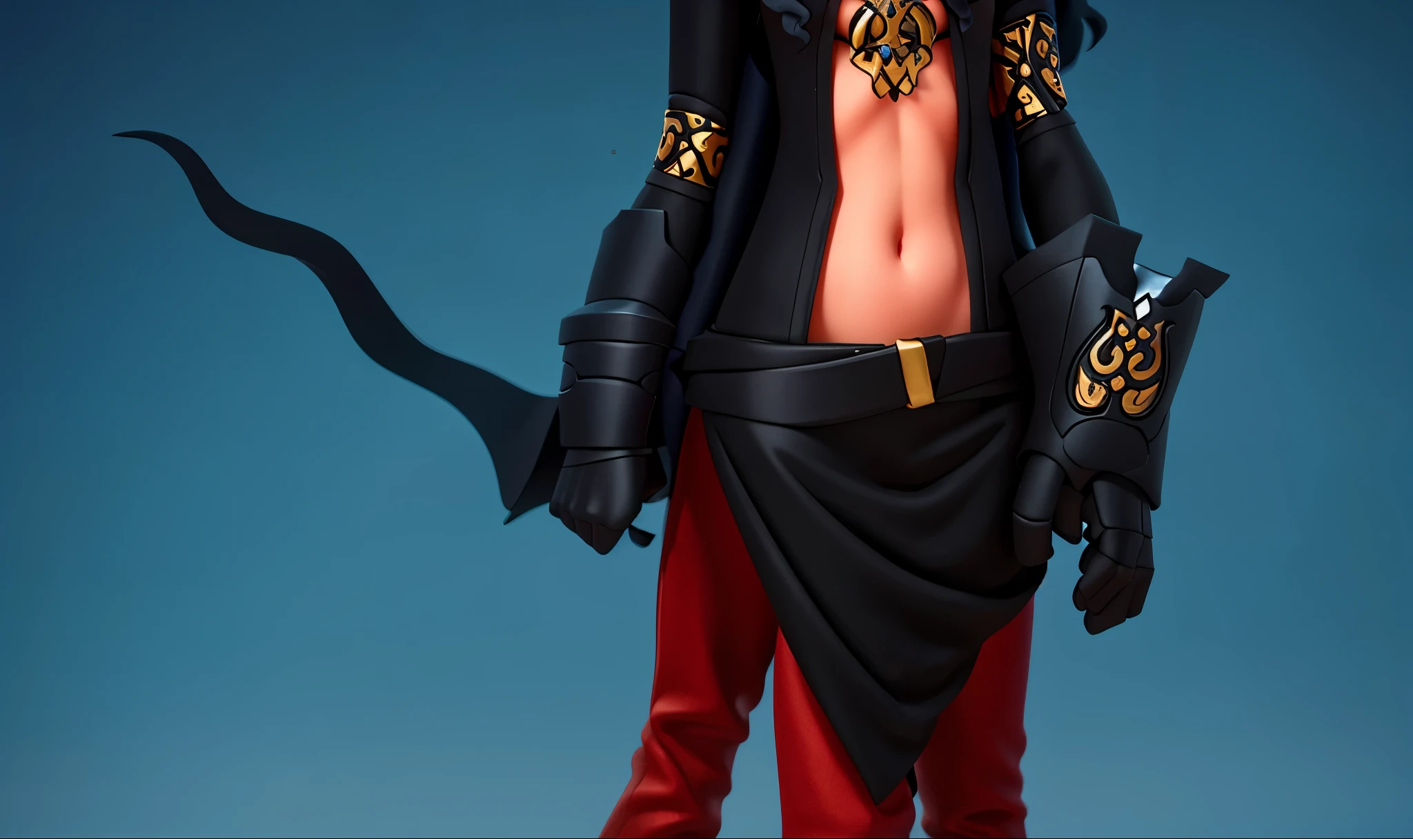 woman warior in black costume clothes, black robotic armor hand with ornaments, holding wavy shaped sword,