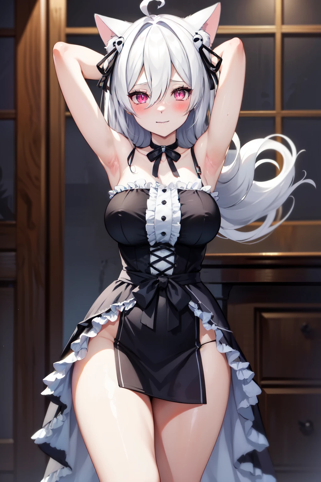 (masterpiece, best quality), PookyBooVT, pink eyes, white hair, long hair, hair between eyes, ahoge, cat ears, ornament hair, black dress, bare shoulders, sleeveless, skirt, black ribbon, (black ribbon on waist:1.2), standing, arms behind head, focus, looking at viewer, naughty face, nose blush, indoors