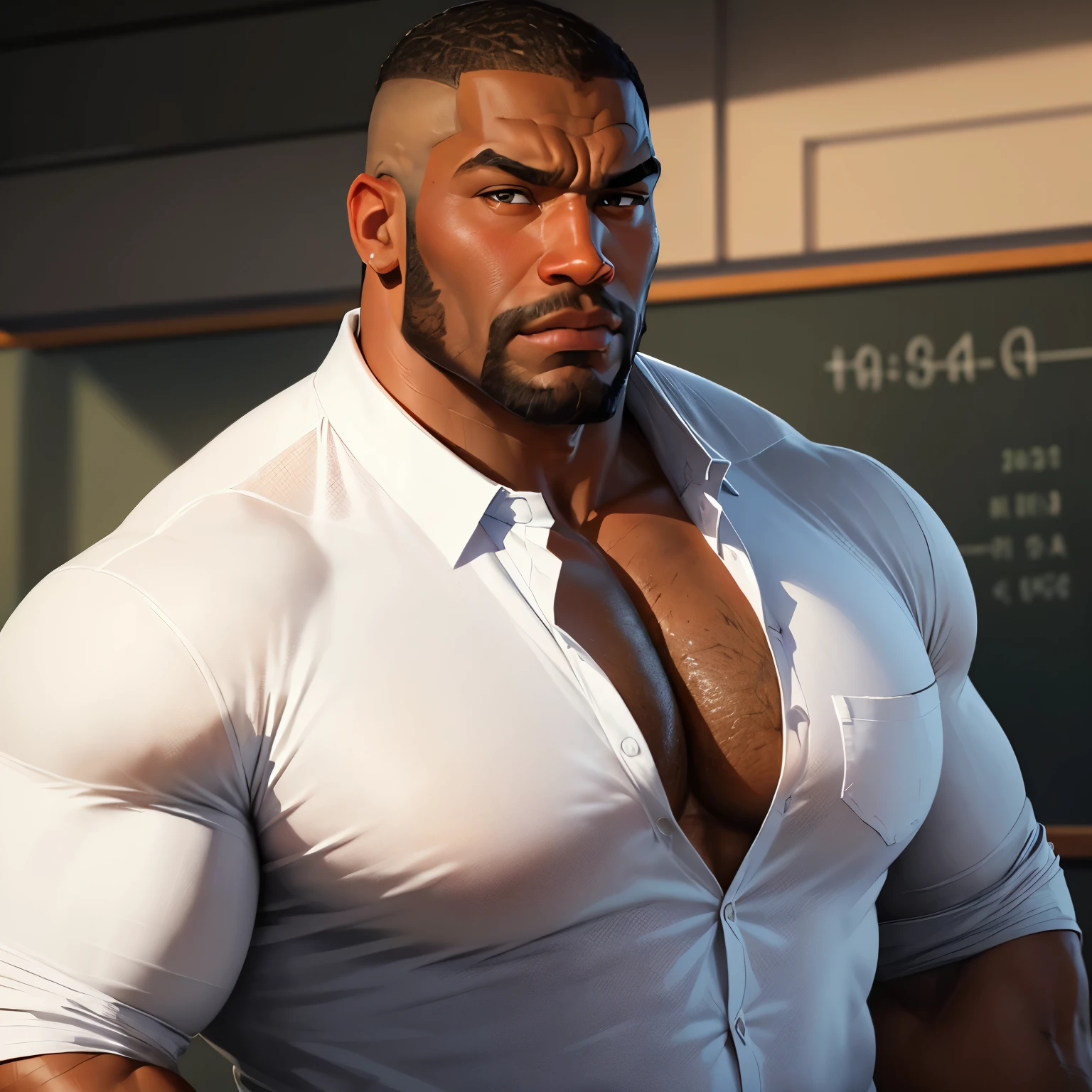 an exaggeratedly muscular and large bodyguard, beefy build, beard, dark-skinned african american male, buzzcut hair with square line, (worried expression: 1.2), (wearing white business casual shirt: 1.2), barely buttoned, school logo on shirt, (bara pecs: 1.3), (arm and chest hair: 1.1), close-up portrait HD, (cowboy angle), (classroom)