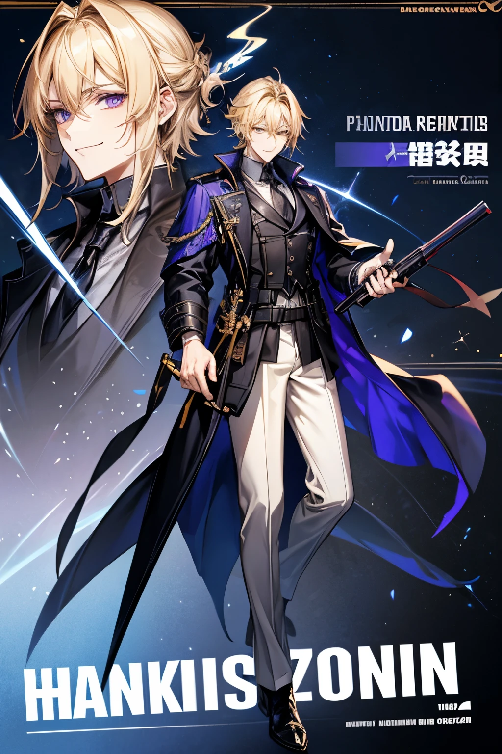 Masterpiece, solo, handsome, 1 male, dark blue coat yellow tip, white shirt, black tie, blonde hair, purple eyes, smile facial, halo, arknights, gun