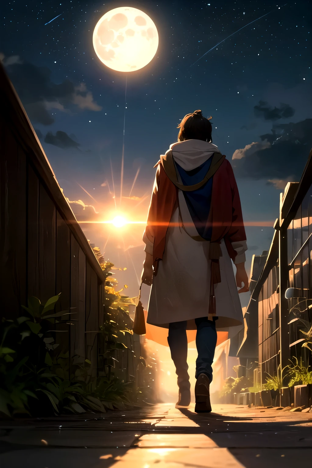 In the vastness of a clear night, a man walks quietly along a serene path. His steps are deliberate and observant, while his eyes are focused on the kingdom of stars above. To his right, the moon plays with its light, illuminating the path he treads. To his left, the sun slowly rises, painting the sky with shades of red and yellow.
The man is fixed on his destination, as the moonlight shows the way ahead. On the other side, the sun brings hope and the beginning of a new day. Amidst the night and day, the man feels a peculiar peace and hope, strengthening him as he continues his journey.
