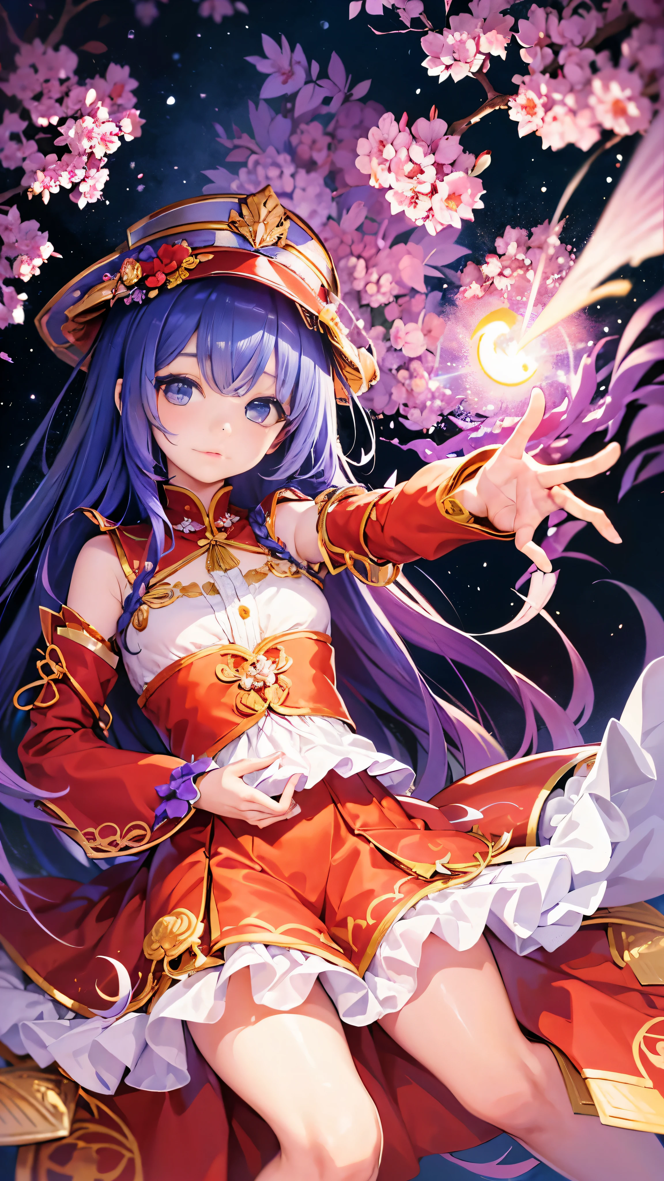 (masterpiece、highest quality、highest quality、Official Art、beautiful and aesthetic:1.2)、(1 Girl:1.3)、(Fractal Art:1.3)、 A captivating girl decorates the canvas with a breathtaking masterpiece、Every detail shines with the highest quality and highest quality craftsmanship.。The Official Art works are beautiful and aesthetic pieces.、Unfold a fascinating story of an otherworldly world。 The girl&#39;s enchanting eyes sparkle in the starlight、Orange twin braids cascading down her shoulders、Bordered with delicate hair flowers、Completes the mysterious appearance。 Beautiful woman in red clothes