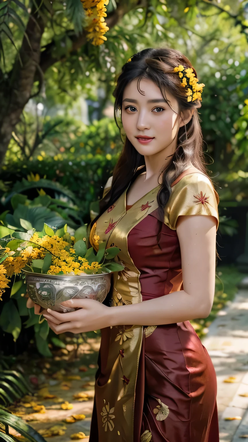 (best quality,4k,8k,highres,masterpiece:1.2),ultra-detailed,(realistic,photorealistic,photo-realistic:1.37),Burmese women,padauk flowers,vibrant,ethereal,portraits,golden lighting,traditional dress,women with long black hair,intense gaze,natural beauty,exquisite traditional makeup,fine details,Burmese culture and tradition,subtle smiles,flowing movements,graceful poses,serene atmosphere,lush green garden,rich red and gold color palette,ornate accessories,jewelry adorned with gems,delicate patterns,loose-flowing silk fabric,flower arrangements,padauk crowns and hair accessories,soft sunlight casting gentle shadows,dappled light filtering through leaves,natural elements blending harmoniously,celebration of femininity,timeless beauty portrayed in a modern context,meticulously handcrafted art piece,subtle texture and brush strokes,personal interpretation of Burmese beauty,attention to cultural authenticity,awe-inspiring artwork.(best quality,4k,8k,highres,masterpiece:1.2),ultra-detailed,(realistic,photorealistic,photo-realistic:1.37),1girl,detailed eyes, detailed lips, beautiful face, long eyelashes, red curly hair, flowing dress, serene smile, Abigail, standing, facing the sky, surrounded by a flock of butterflies, vibrant blue sky, fluffy clouds, seagulls flying gracefully, polka-dot pattern on the dress, sunny day with a gentle breeze, Abigail's cheeks with a natural blush, a bug crawling on a nearby tree branch, an idyllic outdoor scene.acthingyan soaked_wet_outfit, soaked wet outfit, outfit stick on skin, yellow acthingyan soaked wet top, short sleeves, BREAK, red acthingyan soaked wet long skirt, BREAK, wearing heels. 
 pterocarpus_macrocarpus flowers on head, holding a silver bowls, shiny metallic tinsel garland on neckac pterocarpus_macrocarpus_tree_blossom, pterocarpus macrocarpus flowers blossom, pterocarpus macrocarpus trees, spring weather, standing under pterocarpus macrocarpus trees.
ac burmese_water_festival, bunch of people, happy, women poring water eac