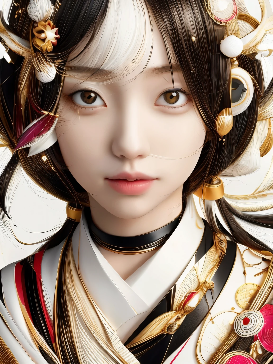 Hyper-realistic portrait of a Japanese girl with an abstract theme, featuring white, black, red, and gold colors, intricate and detailed composition, close-up, shallow depth of field, soft lighting, high resolution, accurate representation, unique, creative, well-lit, clear details, Canon EOS R5, 100mm lens, f/1.8, elegant, sophisticated, well-composed, unique pose