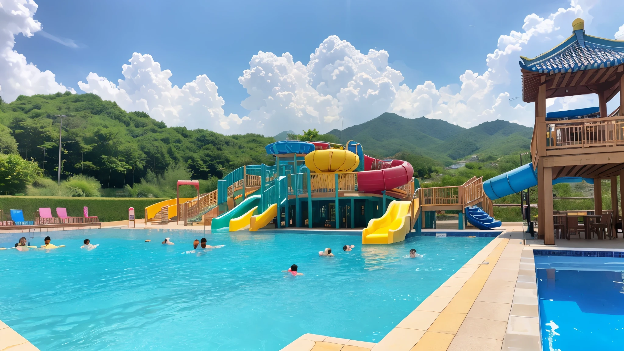 1 Korean 4-year-old boy, 1 Korean 4-year-old girl, whole body,Beloved,cute,smile,sleeveless t-shirt,beatiful big waterpark, summer, subtle,very realistic, Clean and beautiful water sparkles in the sunlight,매우 subtle 얼굴, Detailed and smooth skin, beautiful face, masterpiece, highest resolution, best quality,perfect face,bright lights, very realistic 물, huge waterpool, Water park view,