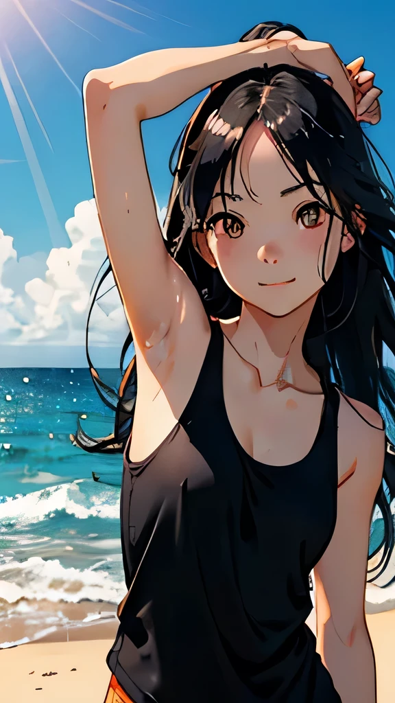 highest quality、Realistic、Japanese、Women、cute、Orange eyes、long hair、Black Hair、all back、Forehead is coming out、Strong winds、Ocean、Midsummer、Strong sunlight、Sweat、Sunburned skin、black tank top、joy、Grinning、face close up、Stretch a lot、Raise your arms、Small breasts、slender