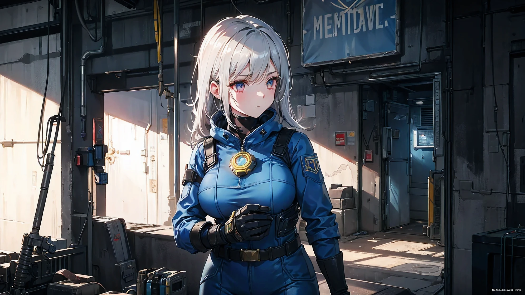 high quality, 4k, best detailed, heavy shadow and light, 1girl, wearing blue vault dweller suit, fallout, sexy jumpsuit, fallout jumpsuit, she has long grey hair and dark red eyes and pale sexy body, pale skin face, she's fixing mechanic