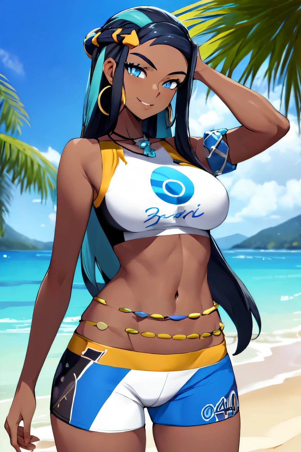 ((masterpiece,best quality)),  absurdres,
Nessa_Pokemon, 
1girl, solo, dark skin, blue eyes, black hair, blue hair, two-tone hair, shorts, crop top, jewelry, necklace, earrings, belly chain, armlet, midriff,
solo, smiling, looking at viewer, cowboy shot, 
cinematic composition,  contrapposto, tropical beach, large breasts