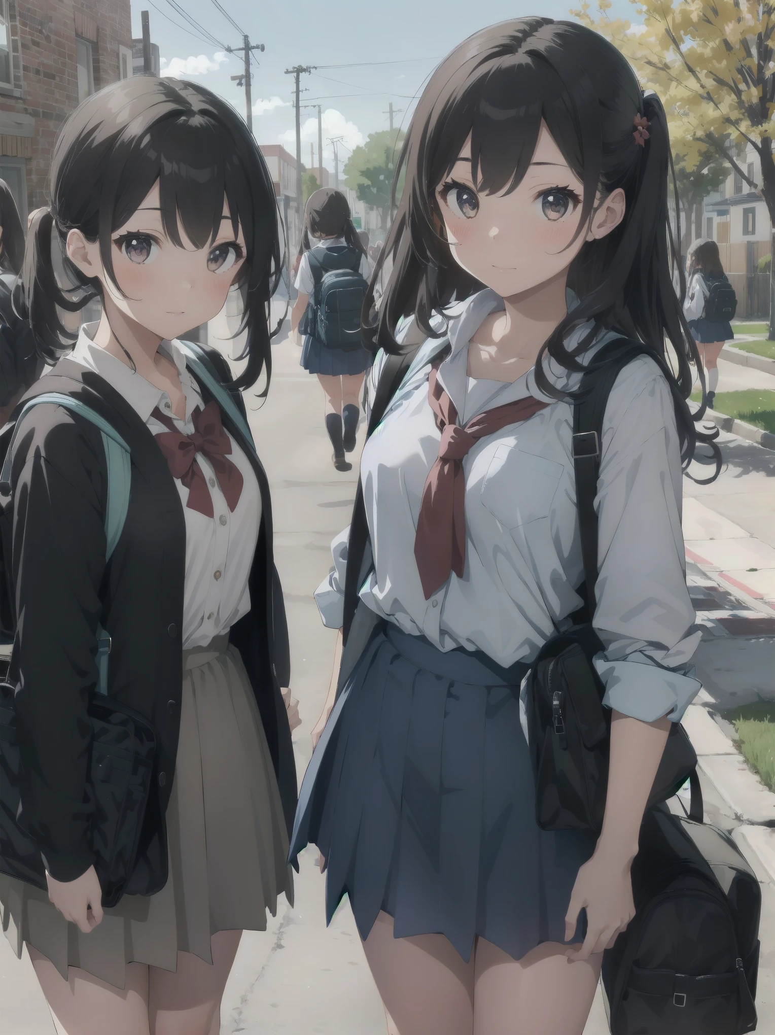 One girl, spring, high school, , warm colours, schoolbag, accurate and very detailed background, crowd of schoolgirls in uniform with various body shapes and hairstyles, cute.