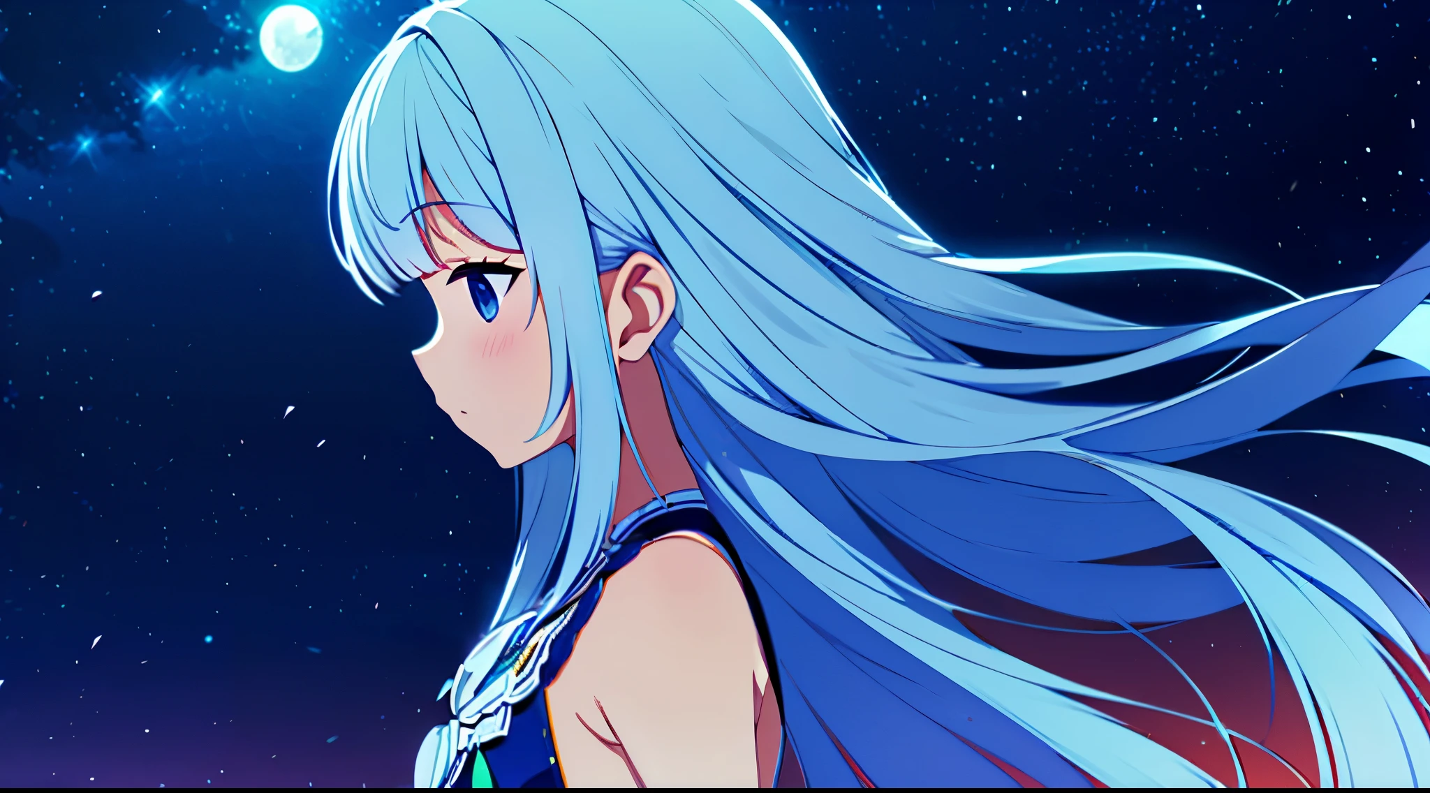 Adultos　One Person　Calidad de imagen superior　high resolution　　un moreno　el de pelo largo　　la noche　cielo estrellado　Luna llena　luna grande　vestido blanco　ocean　micro vestido　Los senos son grandes　pelo liso　cabello muy largo　sin mangas　corbata　una minifalda　Parte superior del cuerpo hacia arriba