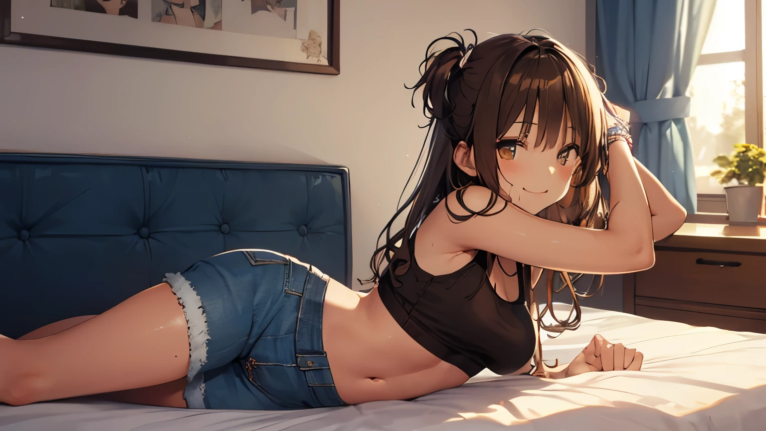 highest quality、 bra、Beige shorts、Cool look、Stretching your legs in your room、Armpit sweat、Grass、ecstasy face,(Glamorous figure), (girl1name), (Highly detailed face, smile) ,, (日本のgirl), Slightly round face, (Tan brown face:1.6), cute, Big eyes、2D,highest quality,(masterpiece),(((The whole body is reflected))),(((Full Body))),Semi-long hair that reaches to the shoulders,((bronze hair)),((one side up)),healthy dark skin,((denim hot pants)),「cheap」A pink tank top with the words,Shiny bare legs,barefoot,beautiful brown eyes,Attractive thigheaty ass,Sloppy body shape,Bedroom,Get drunk,Upward glance,cheeks are bright red,あざでcute,Sexy as hell,Erotic look,Large drops of sweat all over the body,It's stuffy,sleep with your legs stretched out、My Room、(Lie flat on the bed.),Side view angle