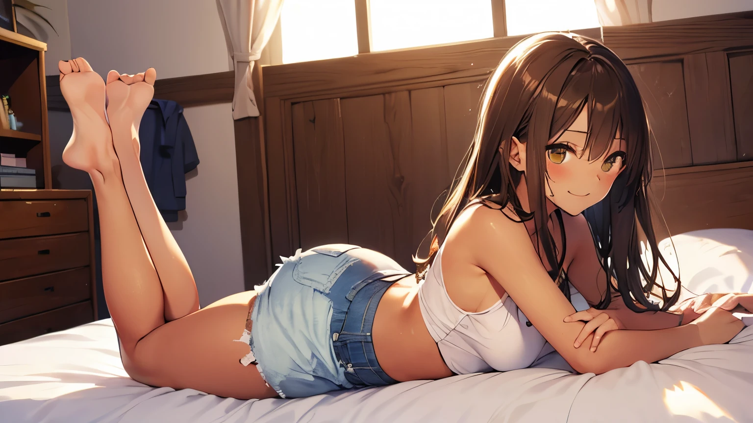 highest quality、 bra、Beige shorts、Cool look、Stretching your legs in your room、Armpit sweat、Grass、ecstasy face,(Glamorous figure)， (girl１name)， (Highly detailed face, smile) ,, (日本のgirl), Slightly round face, (Tan brown face:1.6), cute, Big eyes、2D，highest quality，(masterpiece)，(((The whole body is reflected)))，(((Full Body)))，Semi-long hair that reaches to the shoulders，((bronze hair))，((one side up))，healthy dark skin，((denim hot pants))，「cheap」A pink tank top with the words，Shiny bare legs，barefoot，beautiful brown eyes，Attractive thigheaty ass，Sloppy body shape，Bedroom，Get drunk，Upward glance，cheeks are bright red，あざでcute，Sexy as hell，Erotic look，Large drops of sweat all over the body，It&#39;s stuffy，sleep with your legs stretched out、My Room、（Lie flat on the bed.），Side view angle
