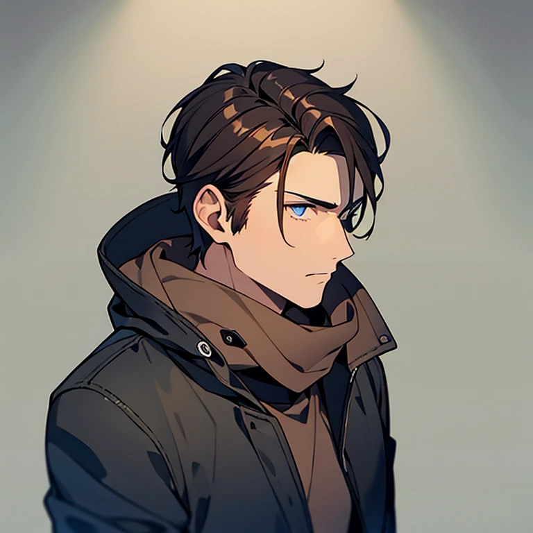 Hombre, Short dark brown hair, cold and indifferent look,