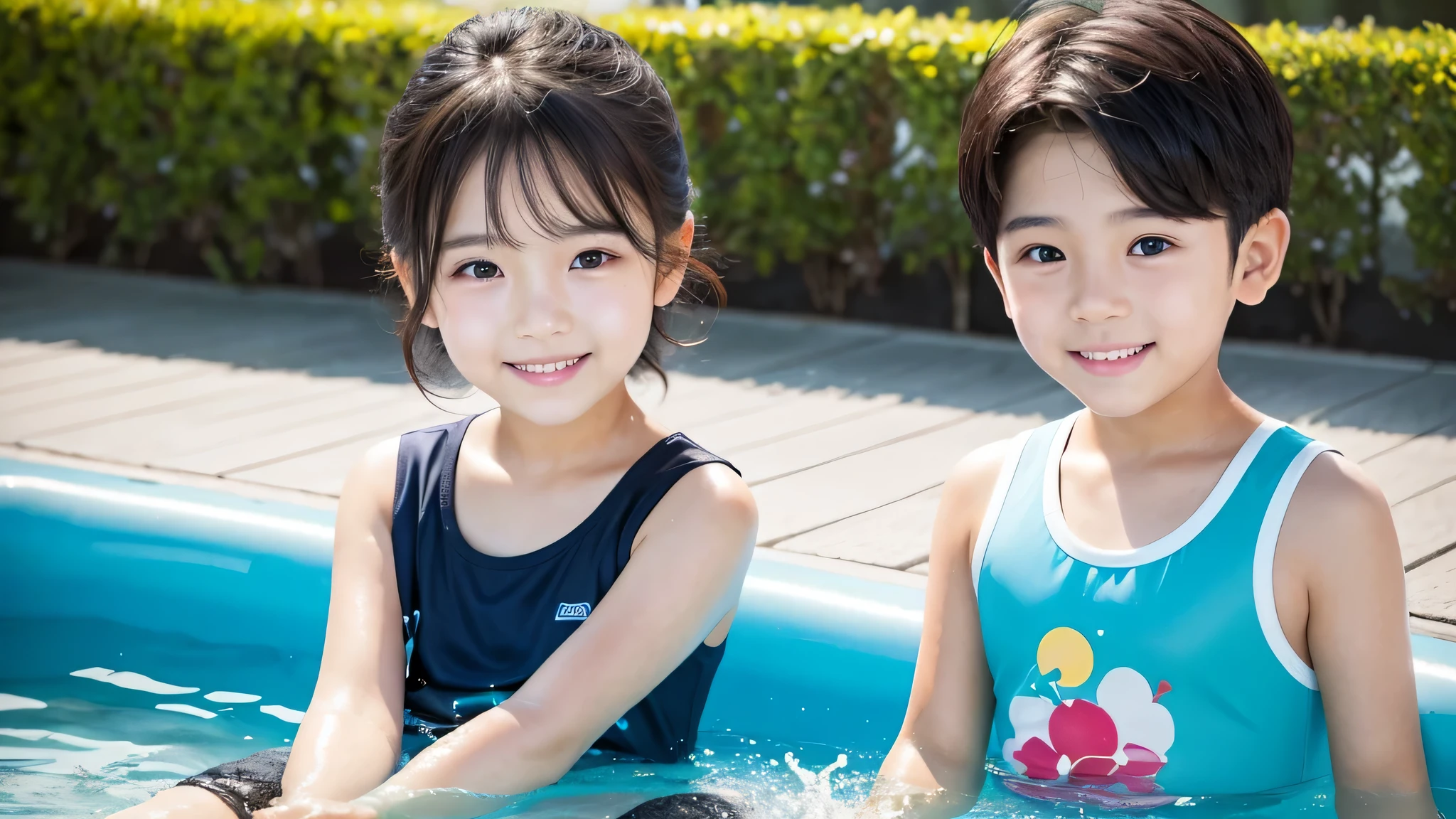 1 Korean 4--old , 1 Korean 4-year-olrl,Beed,cute,smile,neat clothes,beatiful big waterpark, summer, subtle,very realistic,shoots a big water gun,water splashes, Clean and beautiful water sparkles in the sunlight,매우 subtle 얼굴, Detailed and smooth skin, beautiful face, masterpiece, highest resolution, best quality,perfect face,bright lights,