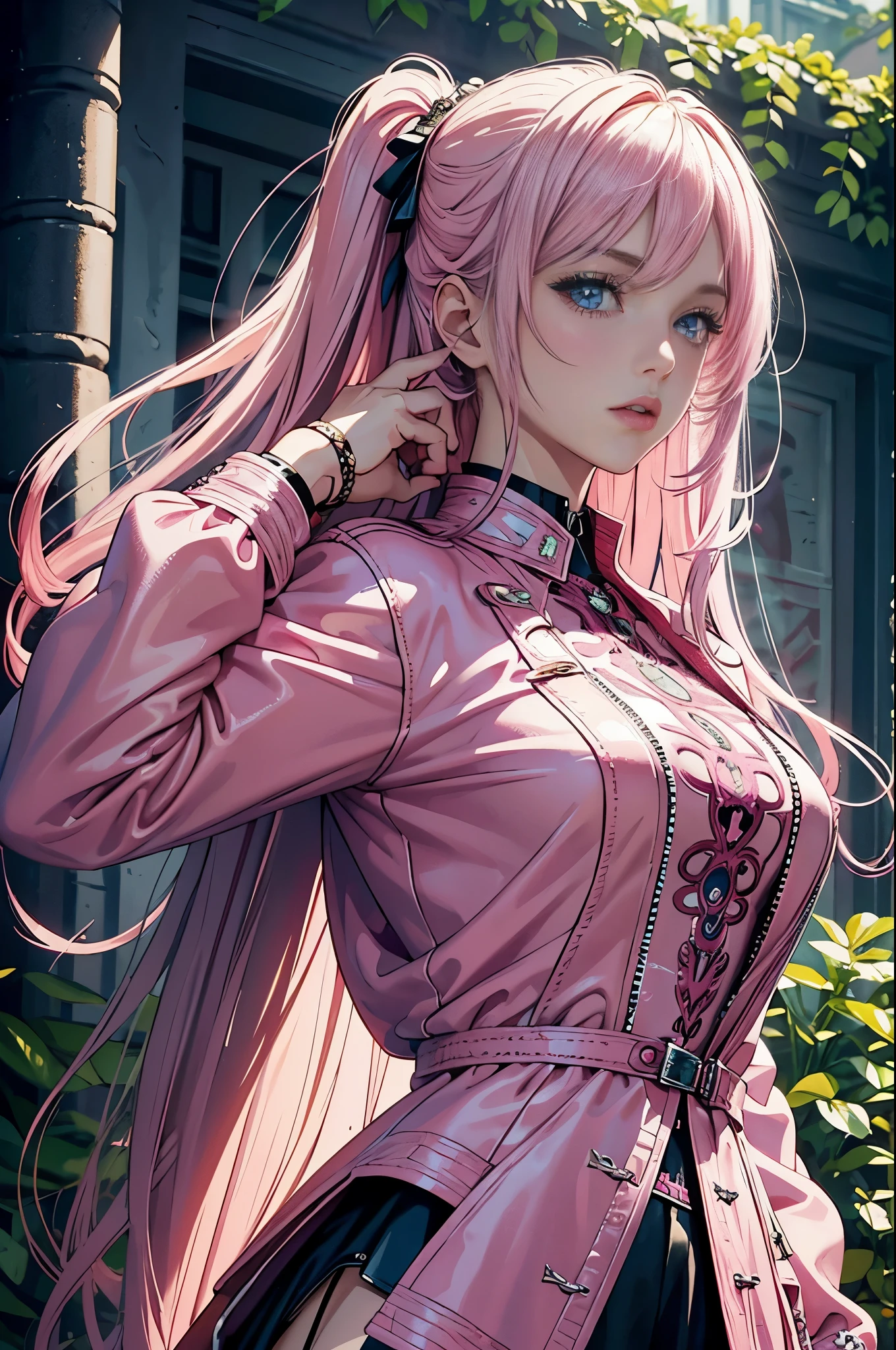 Pink, bright color, (masterpiece), ((top quality)), ((super detailed)), (surreal), (very detailed CG illustration), official official Art, Midsummer, Fashion, Honor 1980, cruel beauty, gorgeous, gorgeous color hair, rock music, rock music, leather jackets, mini skirts, the only perfect angle of women in women, perfect composition,