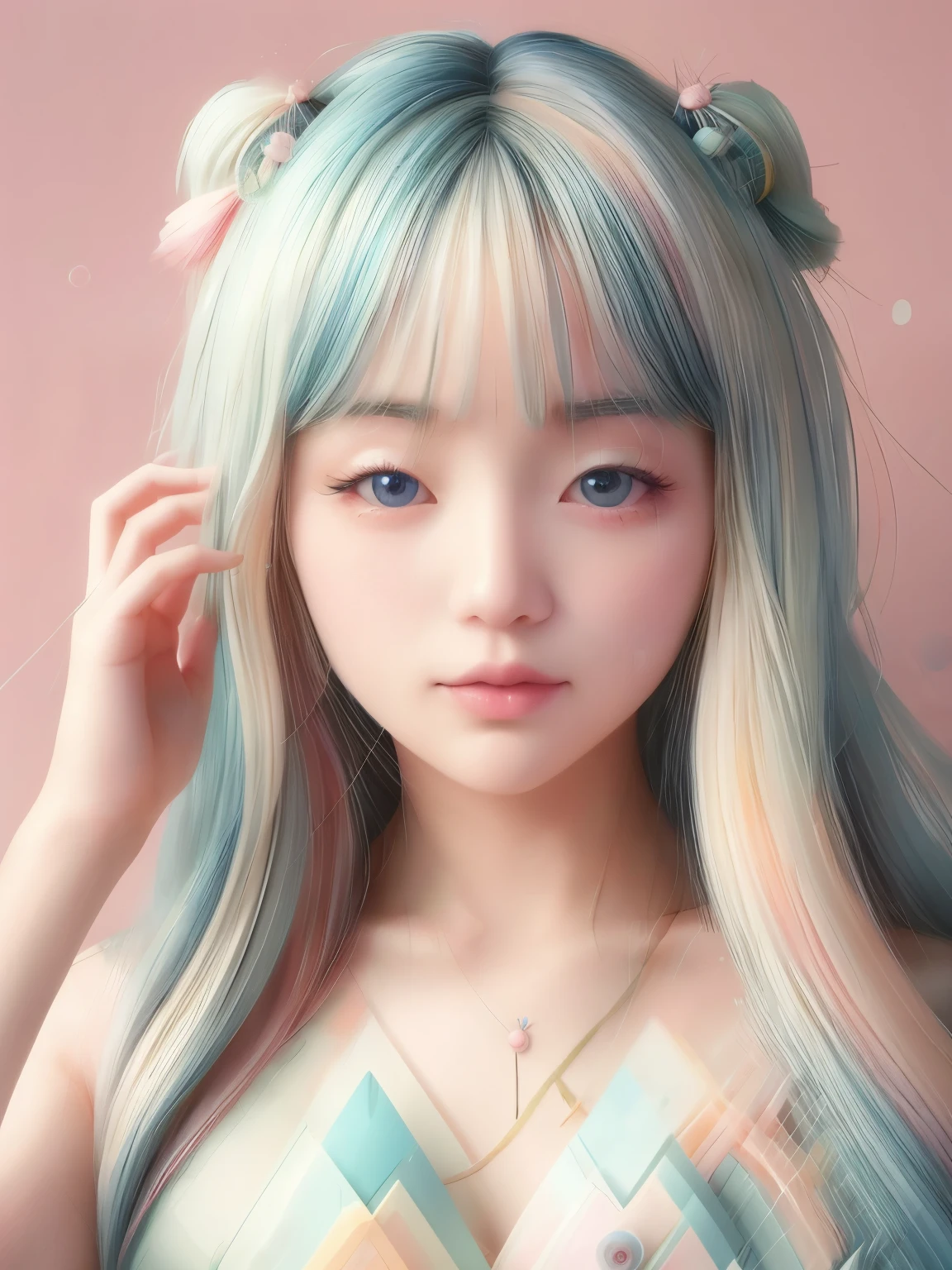 Hyper-realistic portrait of a Japanese girl with an abstract pastel theme, soft and delicate colors, intricate and detailed composition, close-up, shallow depth of field, soft lighting, high resolution, accurate representation, unique, creative, well-lit, clear details, Canon EOS R5, 85mm lens, f/1.2, elegant, sophisticated, well-composed, unique pose, refined aesthetics