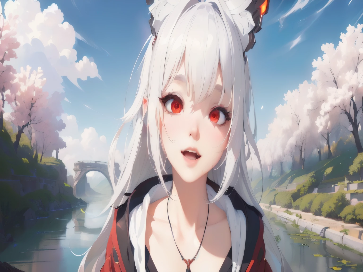 masterpiece, best quality, (extremely detailed CG unity 8k wallpaper), (best quality), (best illustration), (best shadow), absurdres, realistic lighting, (Abyss), beautiful detailed glow, art by PeterMohrBacher, (GREY HAIR) (BEAUTIFUL FACE), :-D, (RED EYES) 