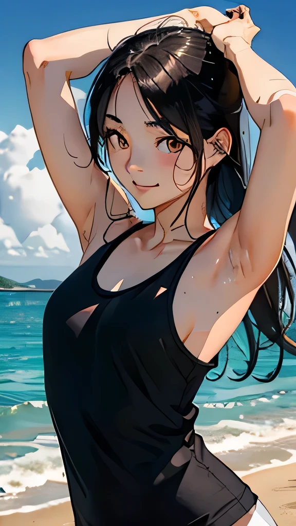 (best quality, masterpiece1.2), intricate detail, depth of field, 20 years old girl, crop top, dolphin shorts, ocean, smile, bangs, wet, selfie