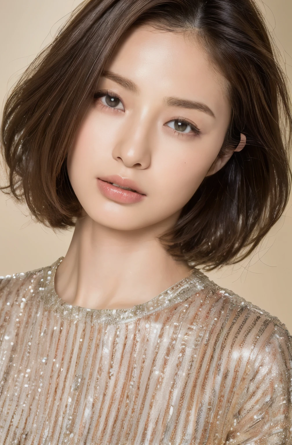 ((highest quality, 8K, masterpiece:1.3)), concentrate: 1.2, Perfect body beauty: 1.4, Hips: 1.2, Layered Haircut, Highly detailed face and skin texture, Delicate eyes, double eyelid, whitened skin, Long brown hair、slim、thin、Model Body Type