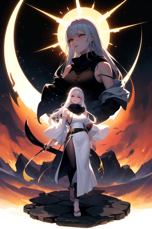 In the vastness of a clear night, a man walks quietly along a serene path. His steps are deliberate and observant, while his eyes are focused on the kingdom of stars above. To his right, the moon plays with its light, illuminating the path he treads. To his left, the sun slowly rises, painting the sky with shades of red and yellow.
close up of a woman with a sword in a white dress, a character portrait by Yang J, trending on cgsociety, fantasy art, beautiful character painting, artwork in the style of guweiz, guweiz, white hanfu, flowing white robes, full body wuxia, epic exquisite character art, stunning character art, beautiful female assassin
The man is fixed on his destination, as the moonlight shows the way ahead. On the other side, the sun brings hope and the beginning of a new day. Amidst the night and day, the man feels a peculiar peace and hope, strengthening him as he continues his journey.
a close up of a woman with a white hair and a black scarf, a character portrait by Yang J, pixiv contest winner, fantasy art, white haired deity, beautiful character painting, artwork in the style of guweiz, the piercing stare of yuki onna, guweiz, with white long hair, with long white hair, flowing hair and long robes