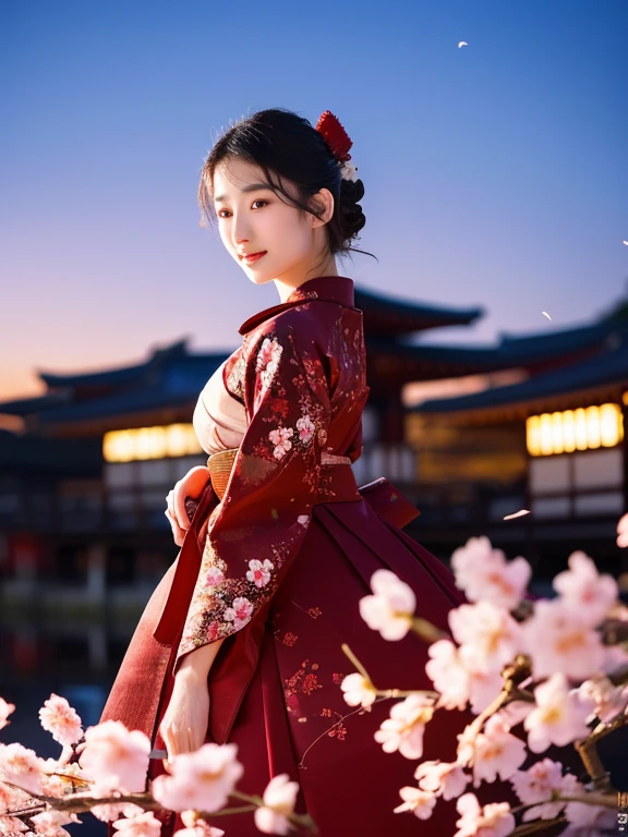 Very beautiful Japanese female samurai, black-haired, brown-eyed, fair-skinned, very thin clothes, brandishing a cherry blossom flower, super datiled, hyper realistic, 16K, hyper resolution, full body, with a moonlit night background.