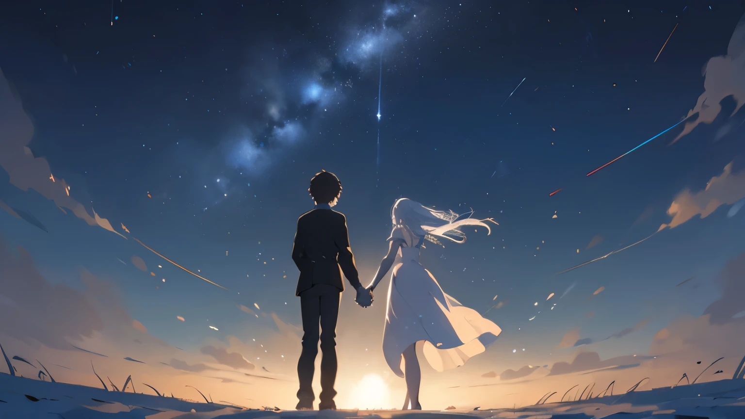 Two people were standing on a straight road on a wide plain, holding hands and gazing at the night sky., meteor,  background starry sky,  Couple,