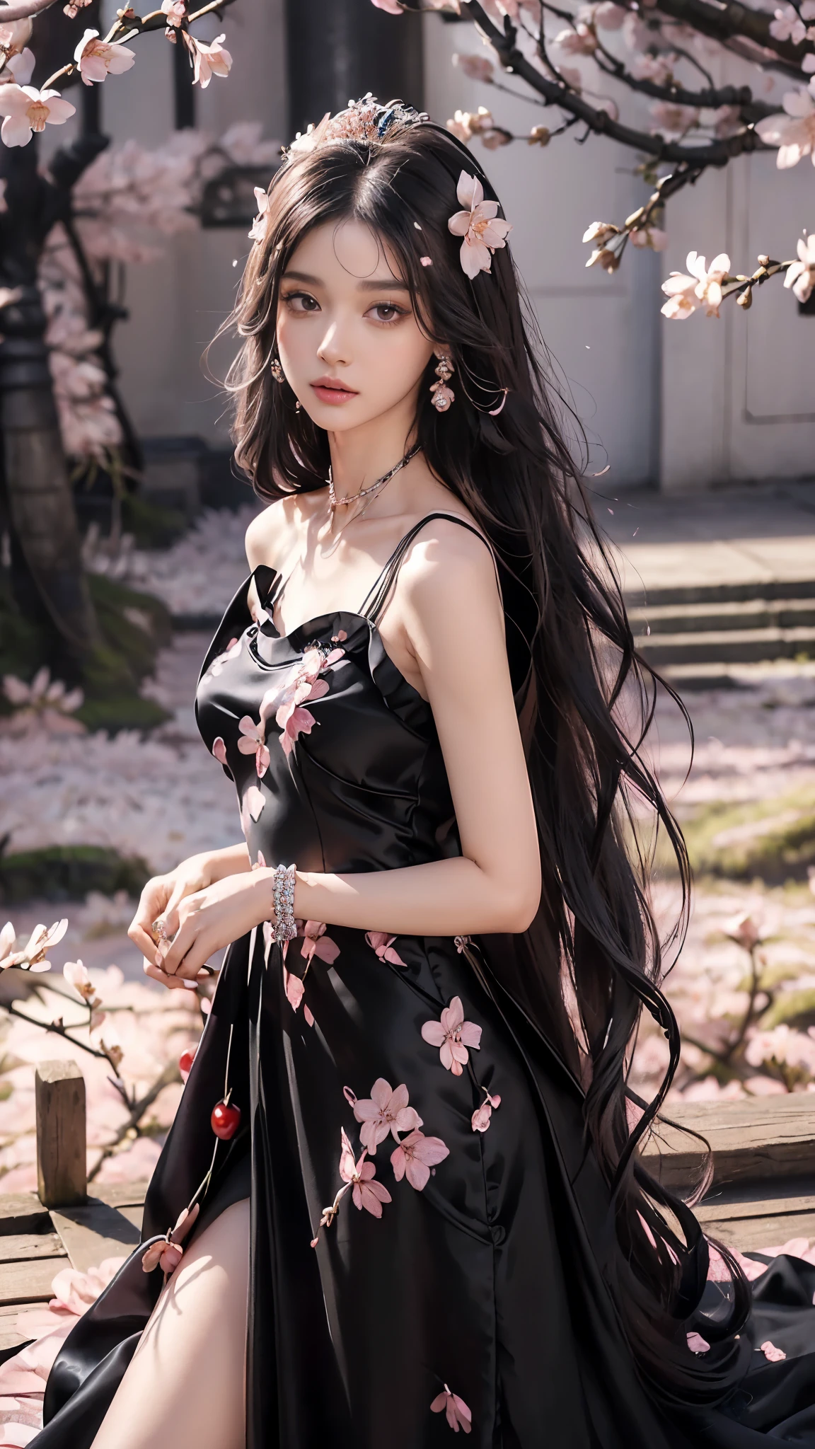 4K, Ultra HD, Masterpiece, 1 girl, (good face:1.4), detailed eyes, very long hair, (princess dress:1.5), (black dress:1.5), (wearing jwellery:1.8), (cherry blossom:1.5), (bloom effect:1.5), Detailed Fantasy Art, Stunning Character Art, beautiful Exquisite Character Art, Beautiful, Extremely Detailed, Exquisite Intricate Headdress and Jewellery, perfect body,