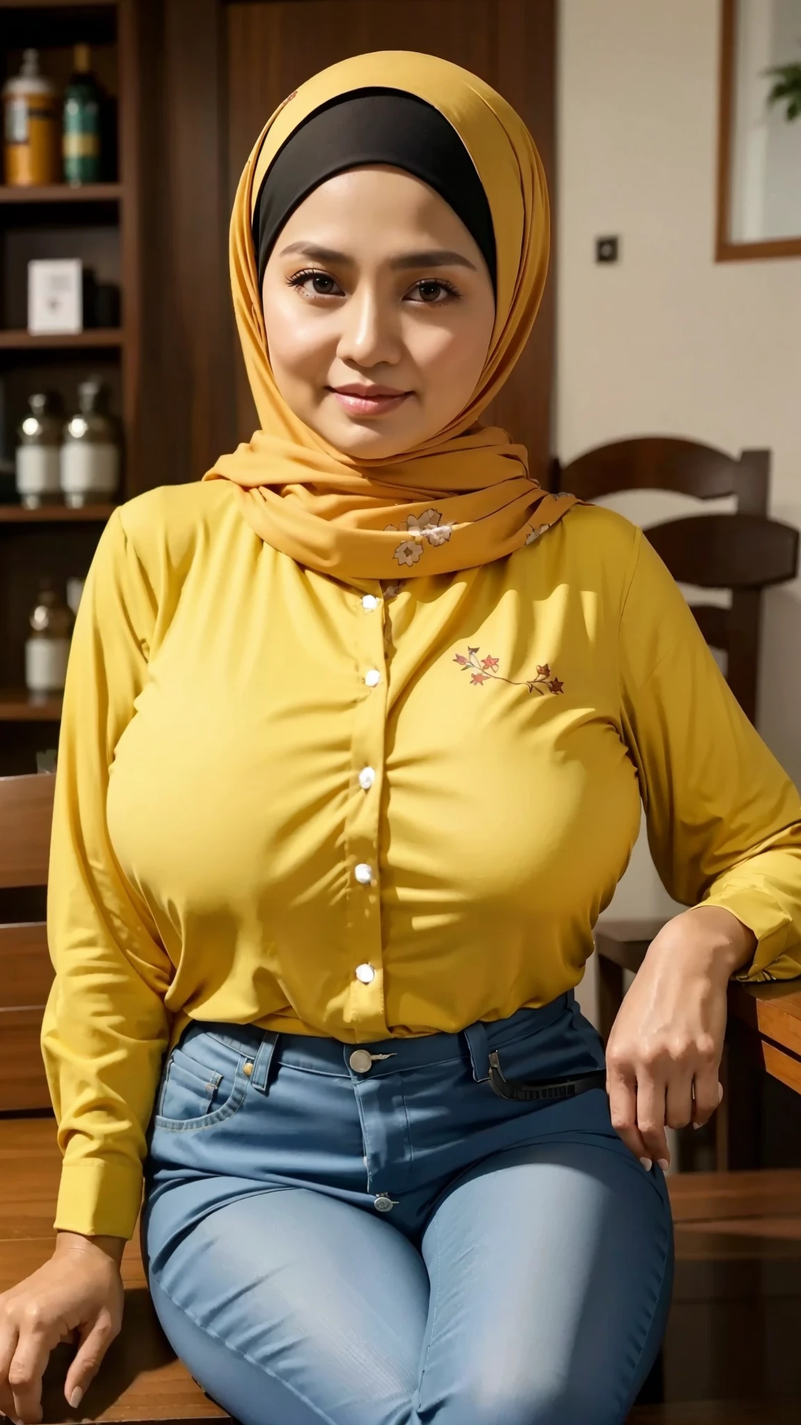 50 years Old, Hijab Indonesian mature woman, Big Tits : 66.9, Gamis, Breast out from her clothes : 1.9, at doctor office, Dark light, at Nighttime