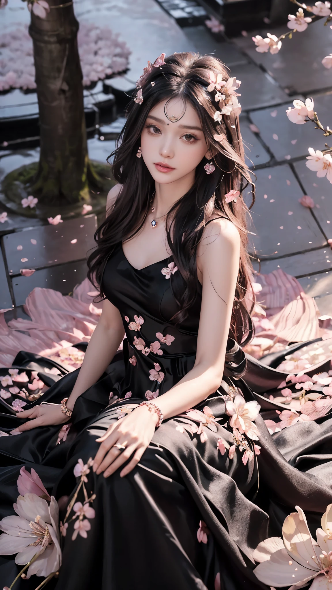 4K, Ultra HD, Masterpiece, 1 girl, (good face:1.4), detailed eyes, very long hair, (princess dress:1.5), (black dress:1.5), (wearing jwellery:1.8), (cherry blossom:1.5), (bloom effect:1.5), Detailed Fantasy Art, Stunning Character Art, beautiful Exquisite Character Art, Beautiful, Extremely Detailed, Exquisite Intricate Headdress and Jewellery, perfect body,