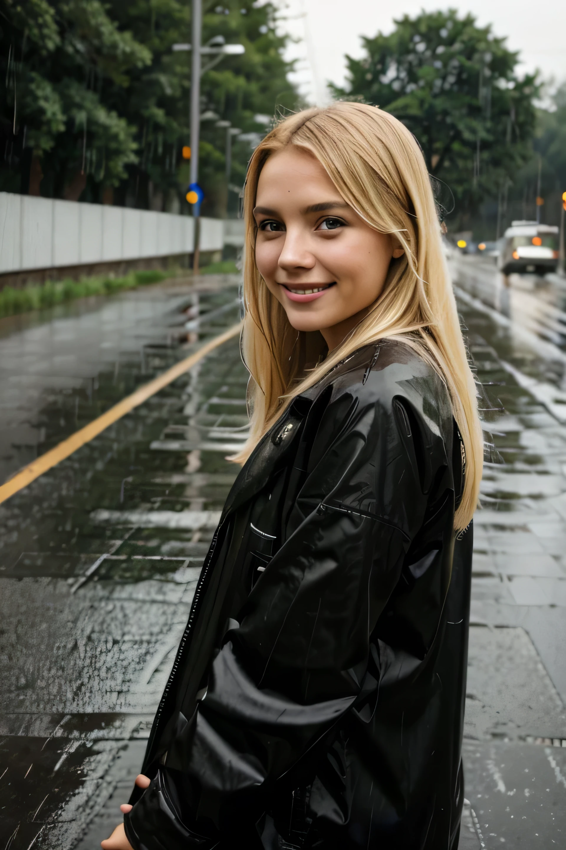 Lily Bowman), posing, modeling full body, with dark violet casual outfit design, sexy smile, best quality,rainy background with Green Eyes, , Ultra Realistic, Meticulously Detailed, Portrait, Blonde Hair and Big Eyes, Selfie of a Young Woman, Green Eyes, No Makeup, Natural Makeup, Looking Directly at the Camera, face artgram, subtle make-up, Impressive photo, stand, with sexy smile, Medium and large size chest, allowing the face to be seen clearly, rain night
