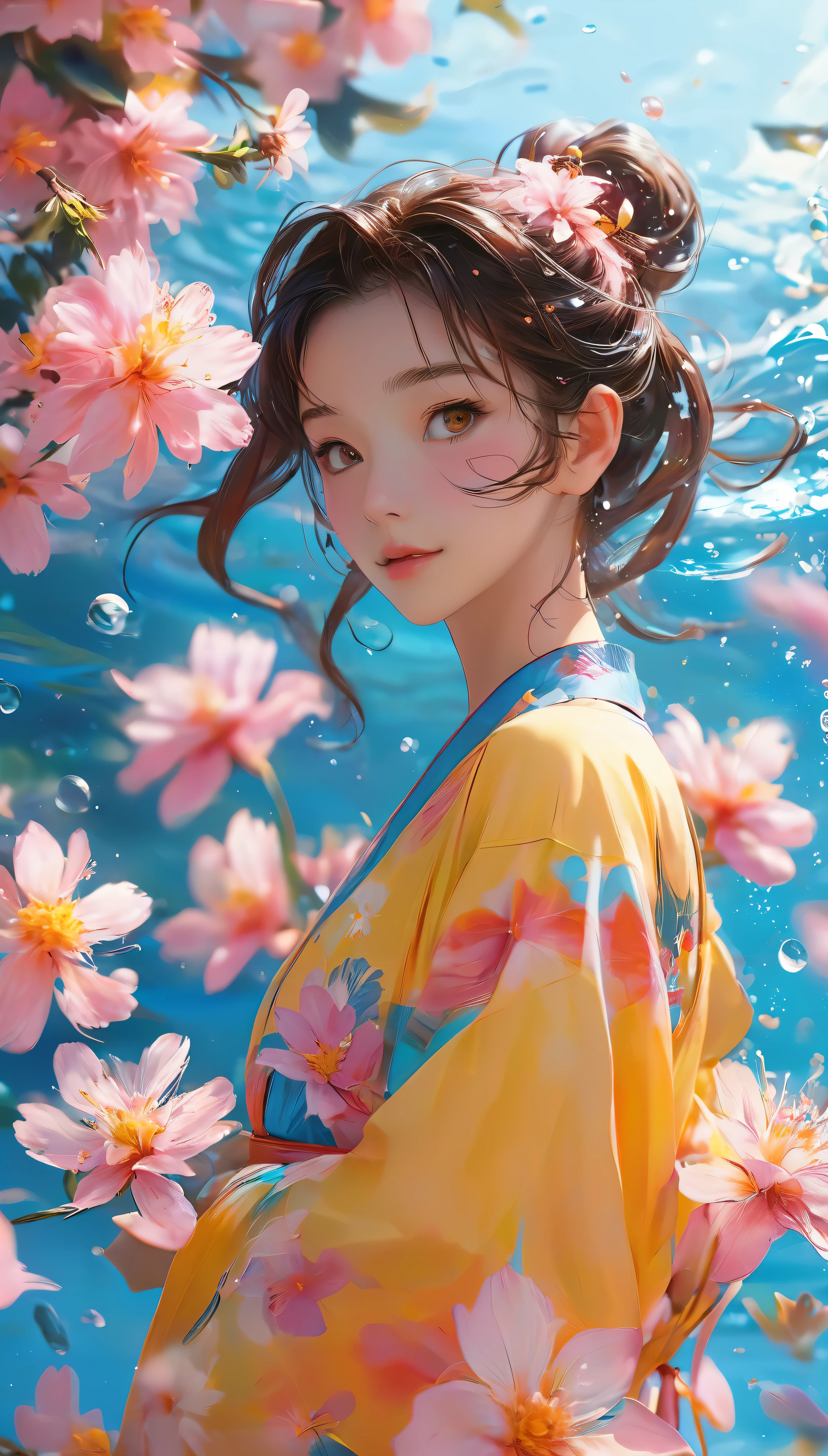 masterpiece、highest quality、Evangelion、colorful、One Girl、solo、Misato Katsuragi、Brown hair gently swaying in the breeze、Brown eyes sparkling with vitality、Long flowing hair tied up with a hair tube、Small breasted person、Abstract background、Blue background reflecting calm water、Pink background full of blooming flowers、A yellow background that radiates warmth、A polka dot background adds a playful touch、 (Halftones to add a retro texture effect