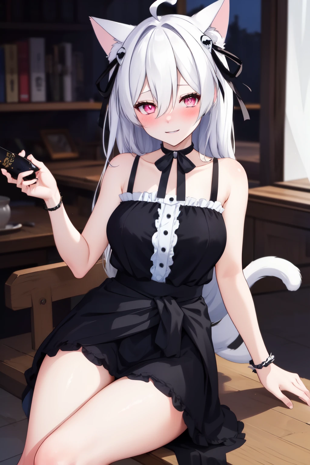 (masterpiece, best quality), PookyBooVT, pink eyes, white hair, long hair, hair between eyes, ahoge, cat ears, ornament hair, black dress, bare shoulders, (sleeveless:1.2), skirt, black ribbon, (black ribbon on waist:1.2), sitting on chair, looking at viewer, naughty face, nose blush, indoors